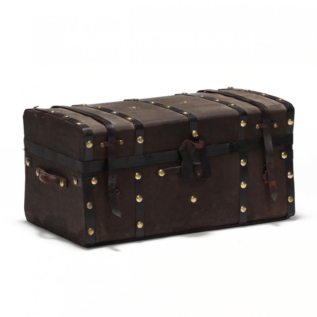 Antique Carriage Trunk: Antique Carriage Trunk late 19th century, wood and leather, with iron straps and brass bosses, later paper lined interior, with hinged lid and lift out tray. 14 x 28 x 16 in. Additional high-resolutio