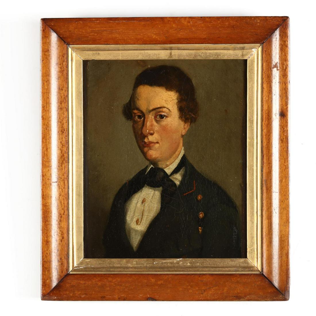English School Portrait of a Young Man in Naval Uniform: English School Portrait of a Young Man in Naval Uniform oil on canvas, unsigned, mid-19th century, presented in a bird's eye maple frame with gilt liner. DOA 16.75 x 14.25 in. Southern Private Collect