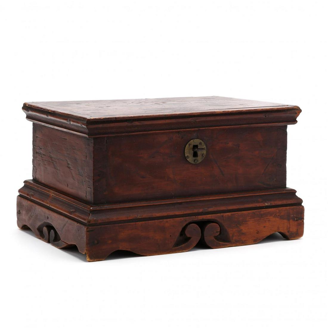 American Folky Document Box: American Folky Document Box 19th century, white pine with a red wash, dovetailed case, hinged lid with applied molded trim, open interior, raised on shaped bracket feet with a folky central scrolled s
