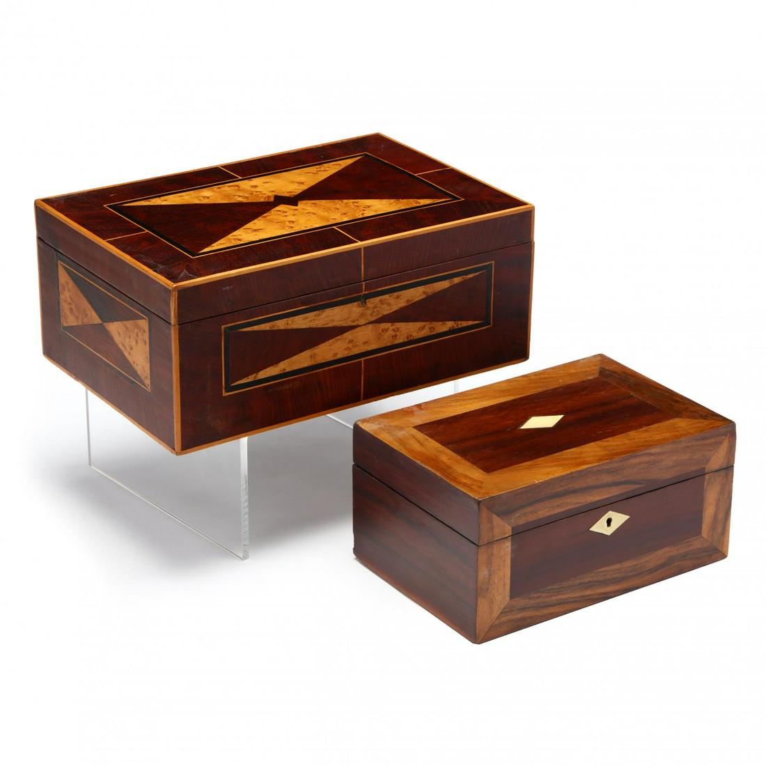 Two Antique Inlaid Boxes: Two Antique Inlaid Boxes 19th century, including an exotic wood and birds eye maple diamond inlaid box with paper lined interior; and a rosewood and mahogany box with bone inlays and red silk lining. 