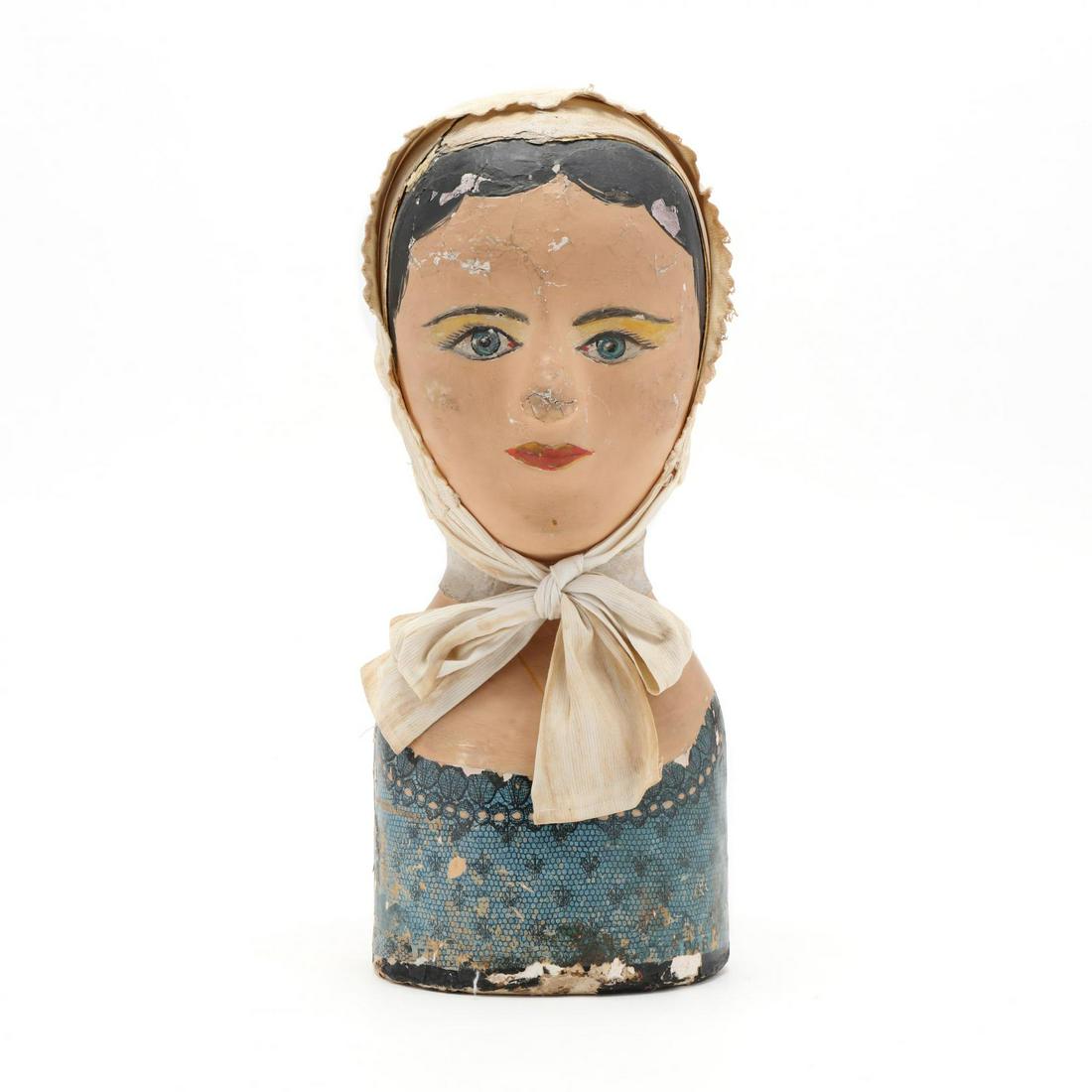 Antique French Papier-MÃ¢chÃ© Bonnet Mannequin: Antique French Papier-MÃ¢chÃ© Bonnet Mannequin late 19th century, Paris, painted and printed paper on hollow mache form with later (but old) bonnet, underside with partial label reading "Les Frere