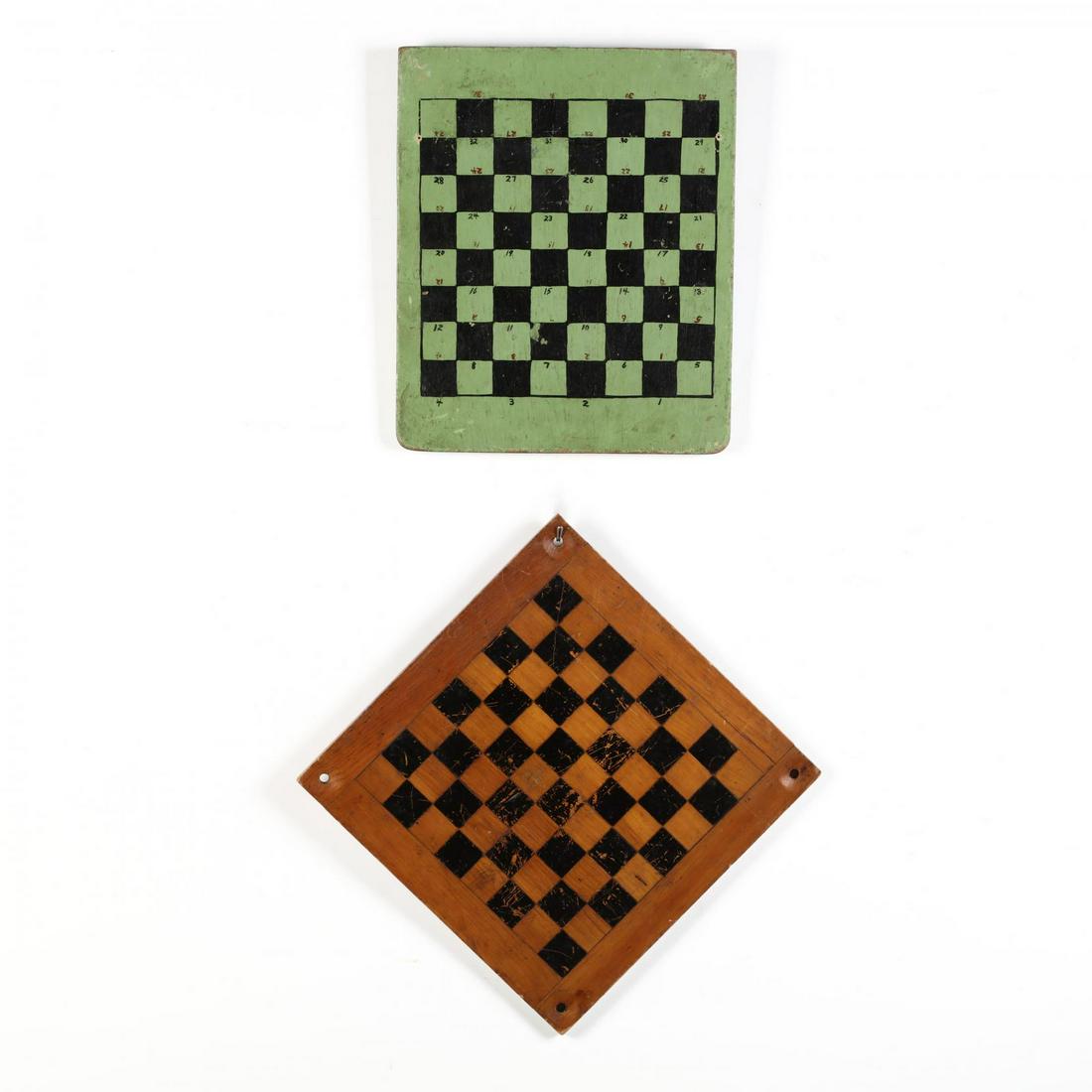 Two Vintage Double Sided Game Boards: Two Vintage Double Sided Game Boards a pine board with incised lines and painted detail; (15 x 15 in,) (drilled at each corner; edge wear and scratches); the second board is green and black (numerous 