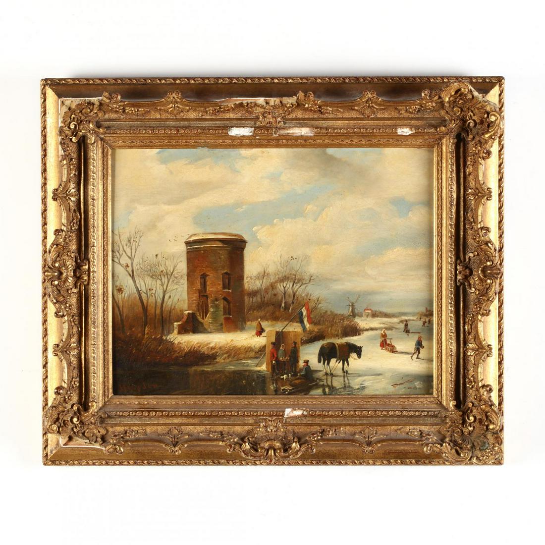 Dutch School (19th century), Winter Scene with Skaters: Dutch School (19th century), Winter Scene with Skatersoil on panel, signed "Heusden" at lower left, presented in an ornate gilt composition frame. SS 11 5/8 x 15 in.; DOA 18.25 x 22 in. Additional hi