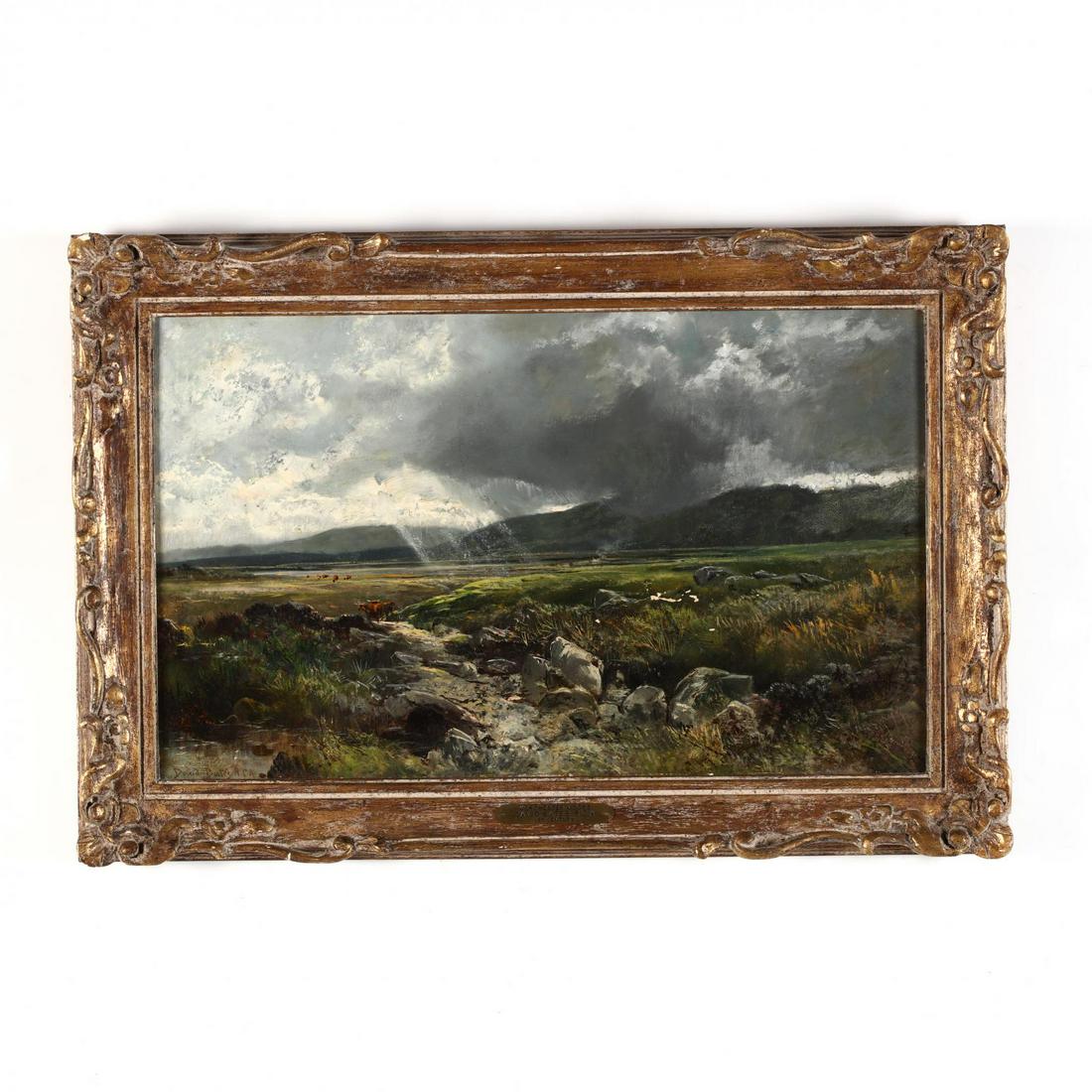 David Bates (English, 1840-1921), Worchester Moors: David Bates (English, 1840-1921), Worchester Moorsoil on canvas laid on board, signed at lower left and with the annotation for the Royal College of Art, presented in a period gilt frame with brass ga