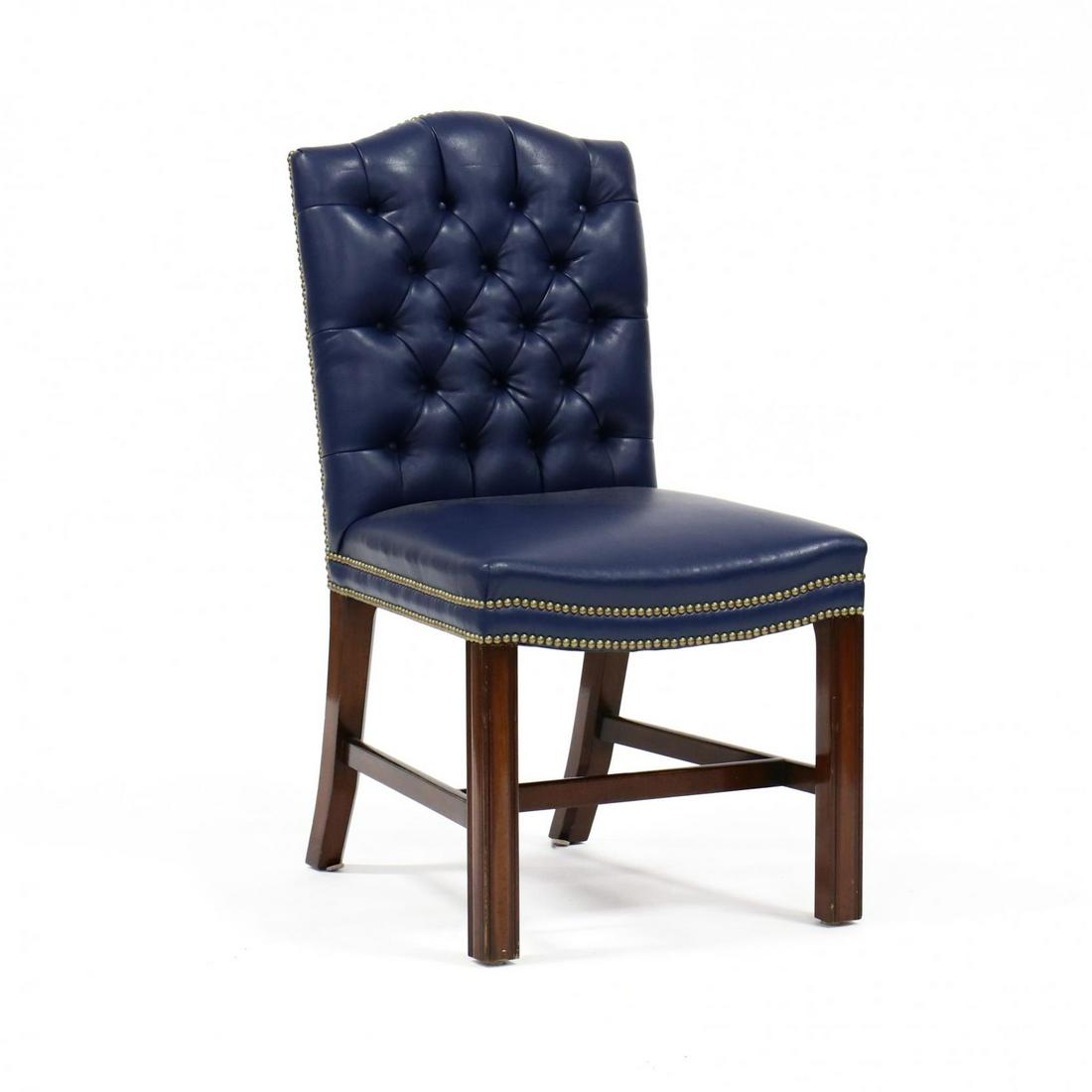 Kittinger, Chippendale Style Leather Upholstered Chair: Kittinger, Chippendale Style Leather Upholstered Chairlate 20th century, mahogany, dark blue leather with tufted back, brass nail head trim, raised on straight molded legs, unmarked. 39.5 x 22 x 22 in