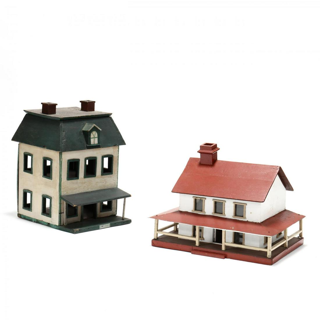 Two Antique Folky Miniature Houses: Two Antique Folky Miniature Housesearly 20th century, painted wood, metal and glass, including a white and green two story home with covered front porch and two chimneys; and a two storied white and r