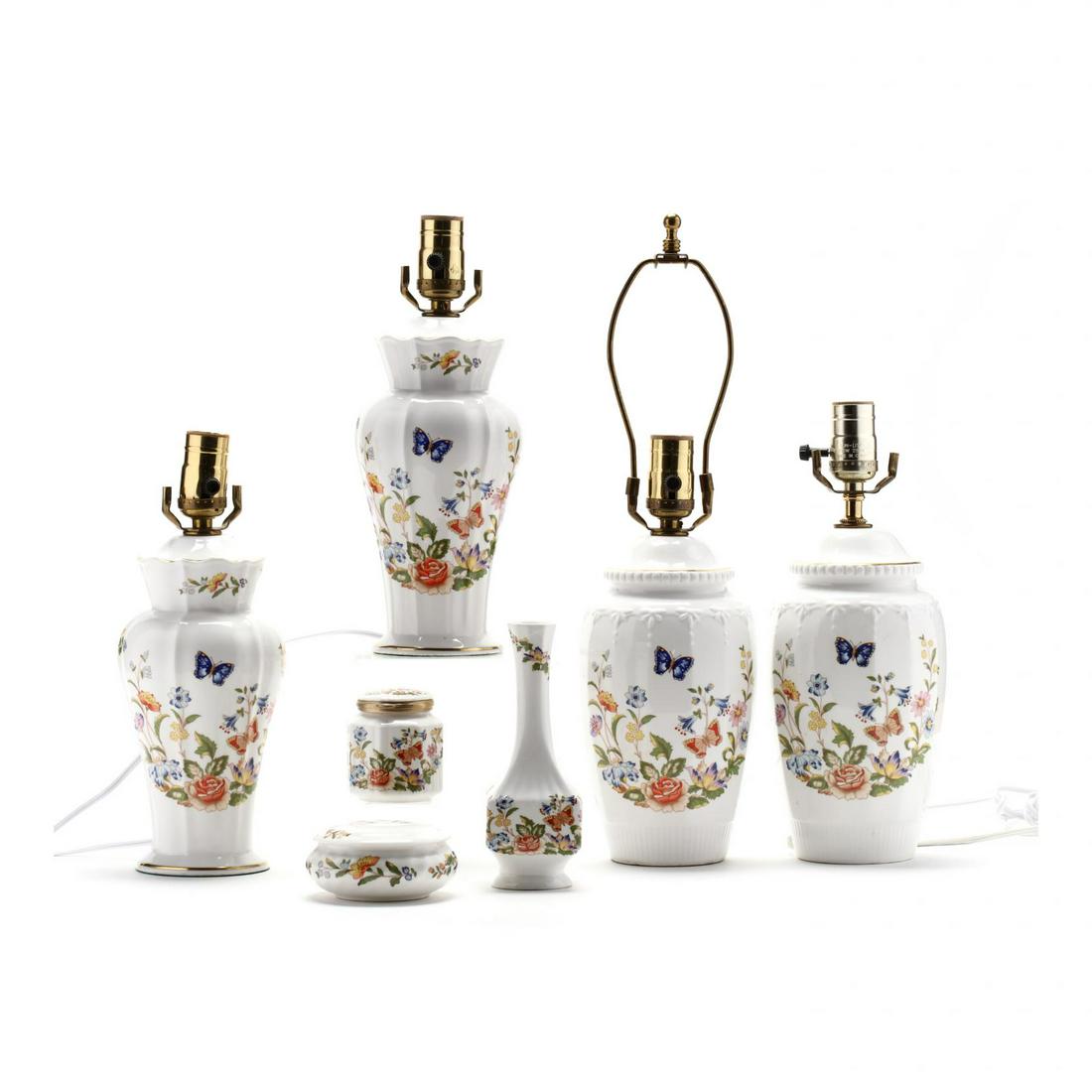 Aynsley, Cottage Garden Seven Porcelain Accessories: Aynsley, Cottage Garden Seven Porcelain Accessories to include two pairs of table lamps, two lidded dresser jars, and a bud vase, labeled. HOA larger pair of lamps 19 in. Private Collection, Fayettevi