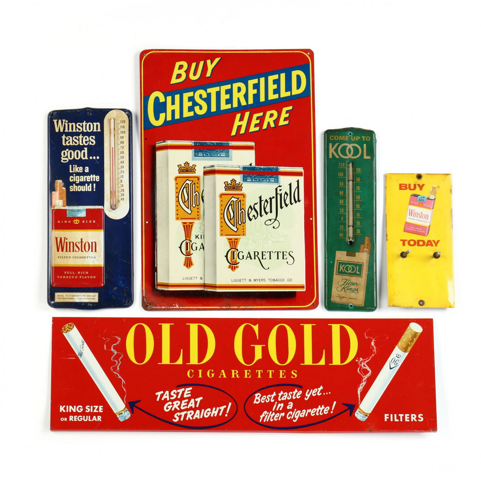 Group of Five Vintage Tobacco Advertisements: Group of Five Vintage Tobacco Advertisementsto include: Kool tin thermometer; Winston tin thermometer and display; Chesterfield tin sign; Old Gold tin sign. Chesterfield 17.75 x 11.75 in. From the Col