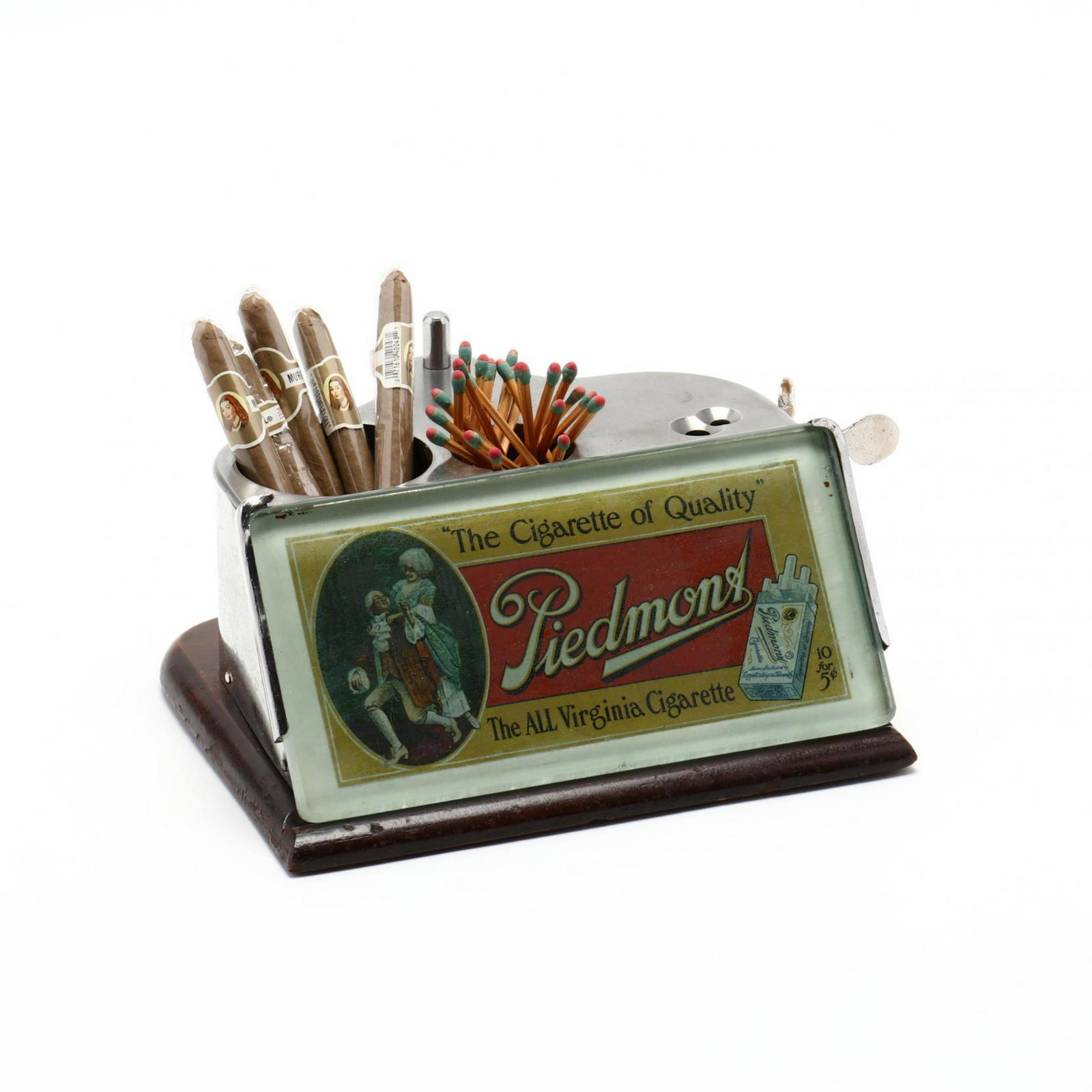 Piedmont Cigarette Dispenser: Piedmont Cigarette Dispenser early 1900s, this multi-functional Piedmont advertising is a cigarette display; with a lighter, a cigar cutter, with a match and cigarette holder, reading "Piedmont". It h