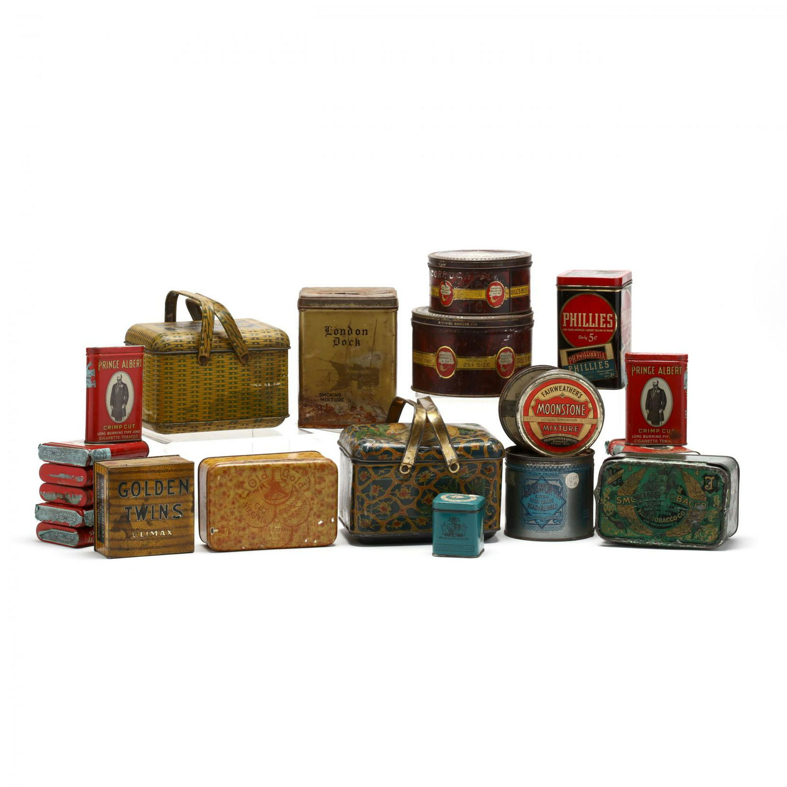 A Selection of (24) Vintage Tobacco Tins: A Selection of (24) Vintage Tobacco Tinsfeaturing Sensation in lunch box tin; Golden Twins; Old Gold; Dill's Bliss; others. Sensation 5 x 7 in. From the Collection of Mary Wells, Greensboro, North Car