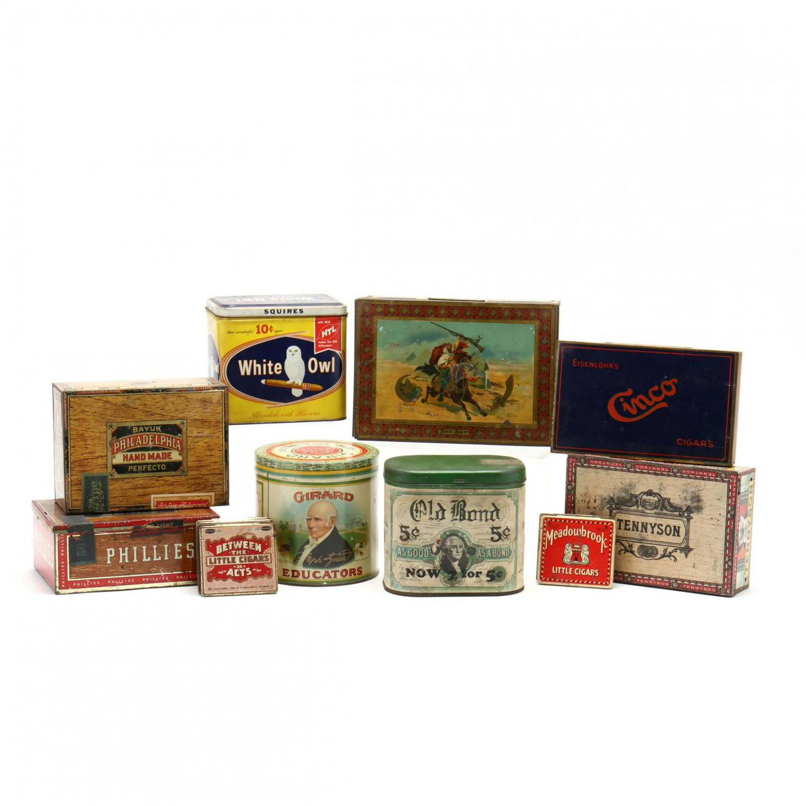 A Group of (14) Vintage Cigar Tins: A Group of (14) Vintage Cigar Tins some are: Phillies, White Owl, Ben Bey, 1930s Old Bond, six "Little Cigars." Girard Tin 5.75 x 5.5 in. From the Collection of Mary Wells, Greensboro, North Carolina 