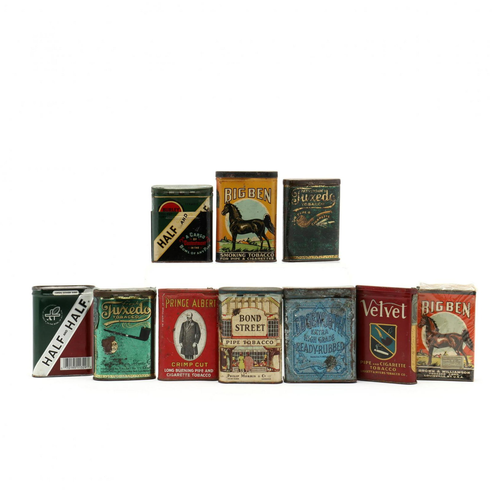 A Group of Vertical Tobacco Tins / Boxes (25): A Group of Vertical Tobacco Tins / Boxes (25) early to mid 20th century, to include: ten Prince Albert; four Half & Half; two Tuxedo; two Velvet; four Big Ben; Bond Street, and Prince Albert in a soft
