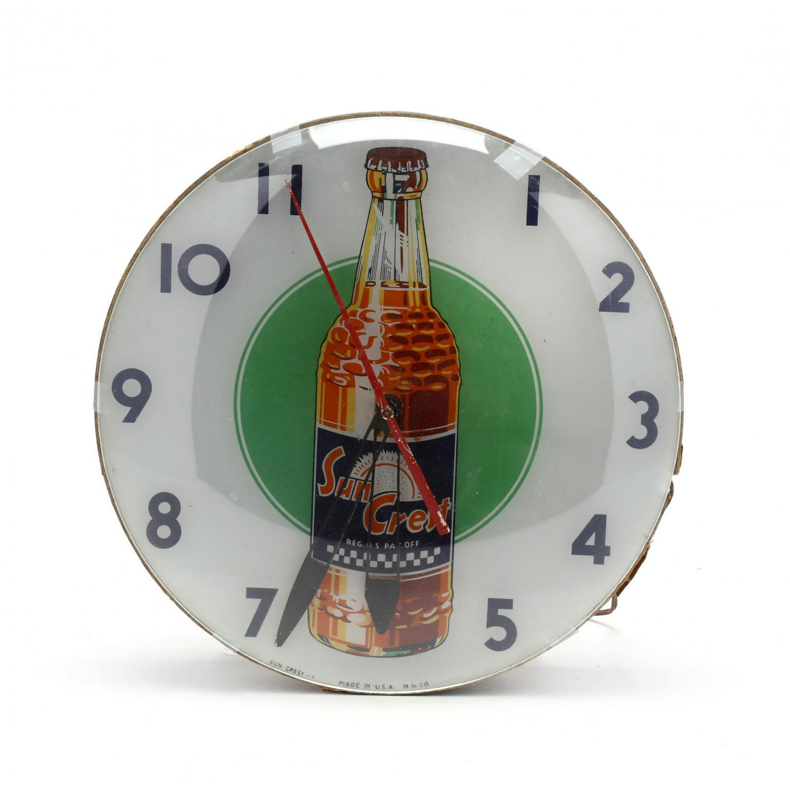 Vintage Sun Crest Soda Advertising Wall Clock: Vintage Sun Crest Soda Advertising Wall Clockmid 20th century, printed glass face, N.G. Co., marked, electric. 15 in. diameter. From the Collection of Mary Wells, Greensboro, North Carolina Additional