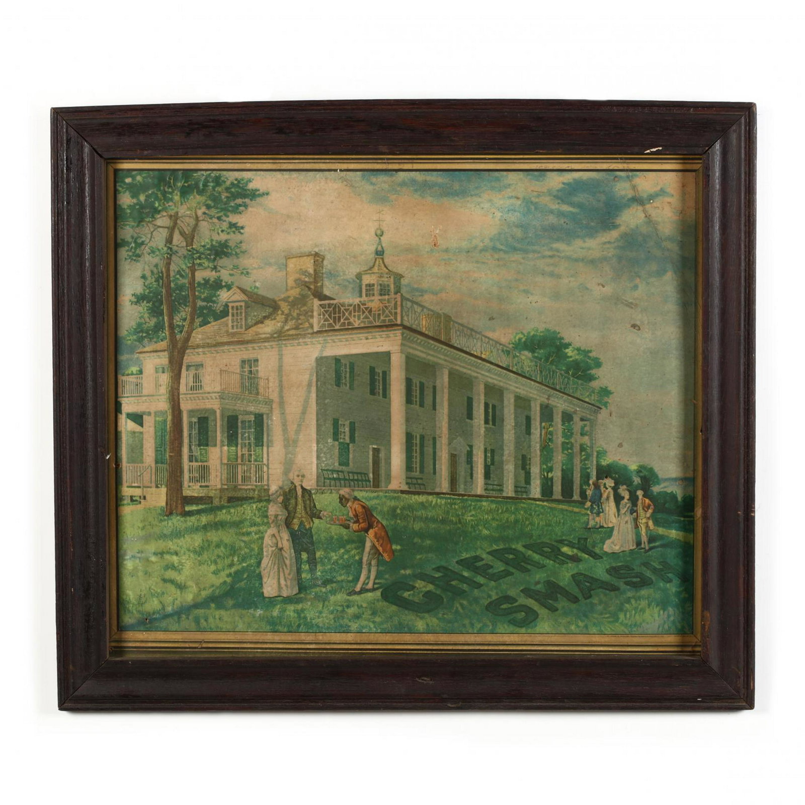 1920s Cherry Smash Soda Advertisement: 1920s Cherry Smash Soda Advertisement chromolithograph on board depicting George and Martha Washington being served a tray of the delicious beverage at their Mount Vernon residence, housed in an ogee 