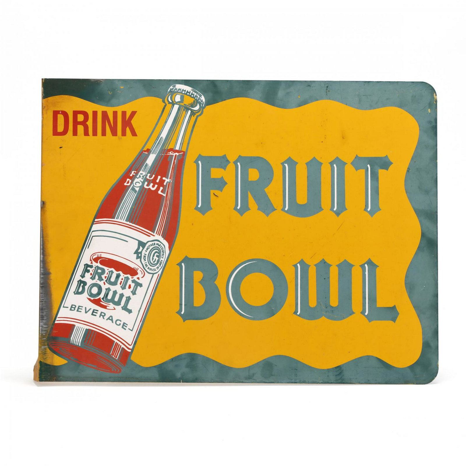 Fruit Bowl Beverage Flange Sign: Fruit Bowl Beverage Flange Sign 1940s, embossed tin, double sided, seldom seen sign, very difficult to find. 14 x 18.25 in. From the Collection of Mary Wells, Greensboro, North Carolina Additional hig