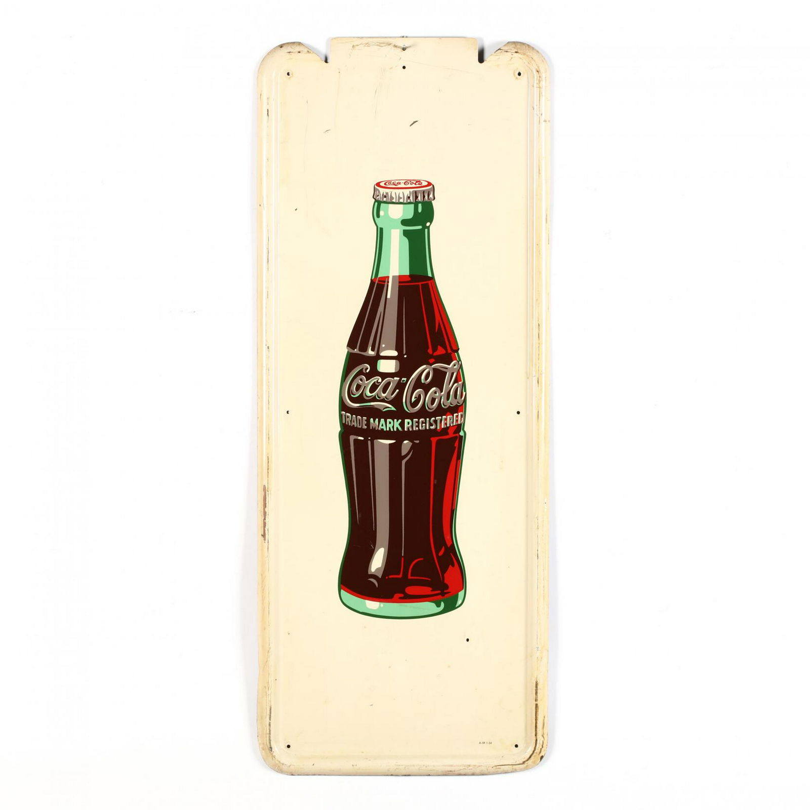 Vintage Coca-Cola Enamel Sign: Vintage Coca-Cola Enamel Signmid 20th century, thin enamel colored field with multi colored coke bottle, numbered at lower right A-M 1-54. 40.5 x 16 in. From the Collection of Mary Wells, Greensboro,