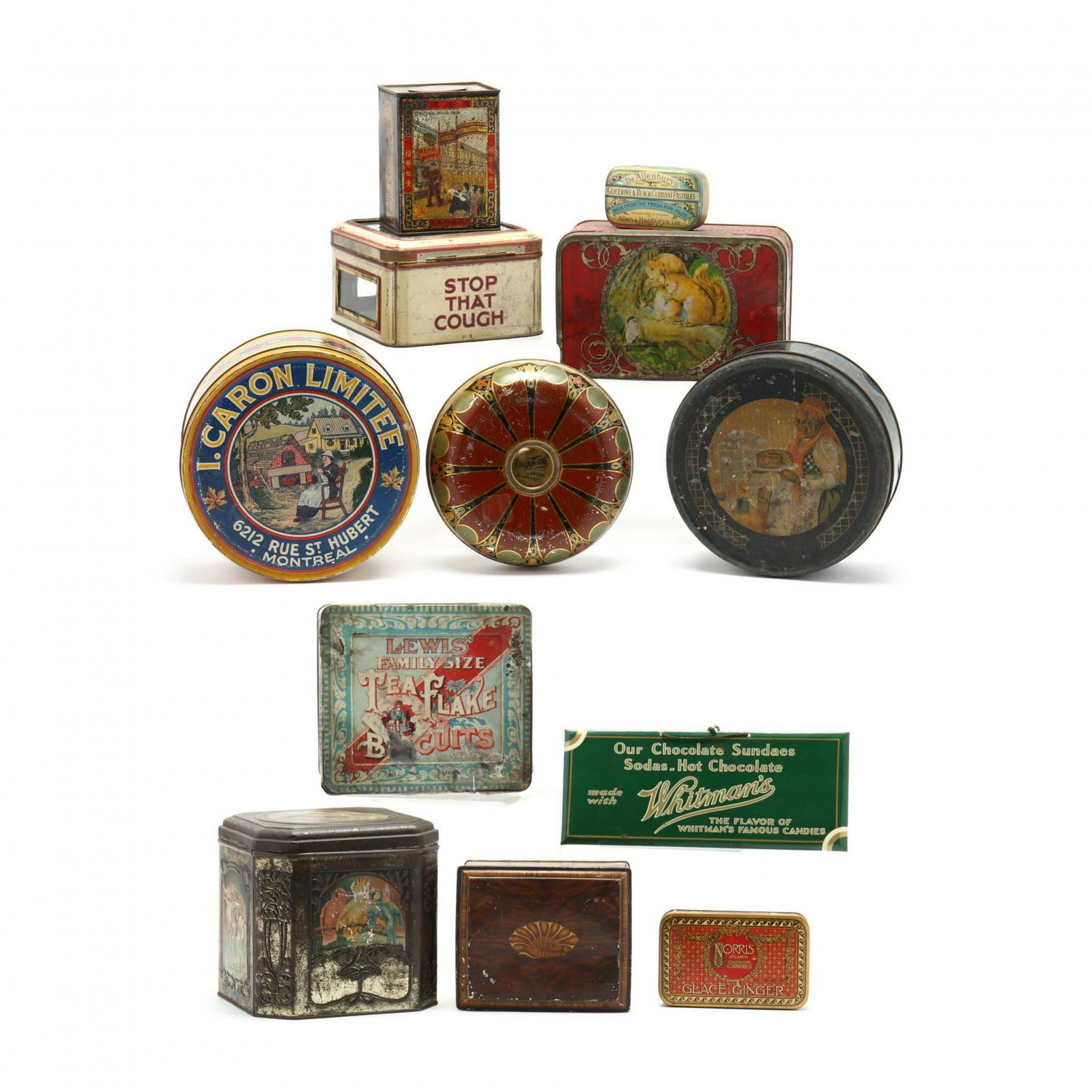 A Selection of Twelve Vintage Tins Relating to: A Selection of Twelve Vintage Tins Relating to Foodstuffs to include Lewis Biscuits; Squirrel confections; Norris Ginger, others, as well as a tin sign advertising Whitmans Chocolates, and others. Sig