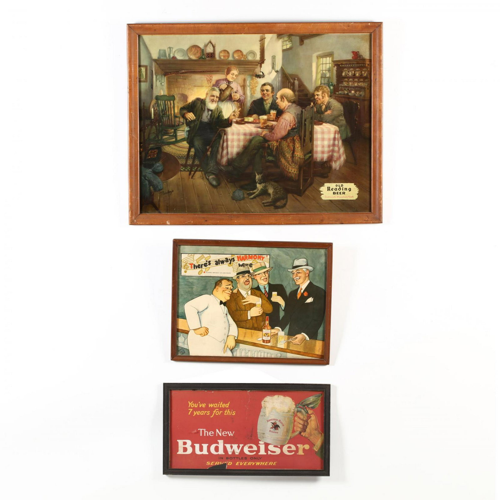 Three Vintage Framed Beer and Whiskey Advertisements: Three Vintage Framed Beer and Whiskey Advertisements each a framed poster in colors, to include advertisements for Carstairs Harmony Whiskey, bottled Budweiser Beer, and Old Reading Beer. DOA 16 1/2 x