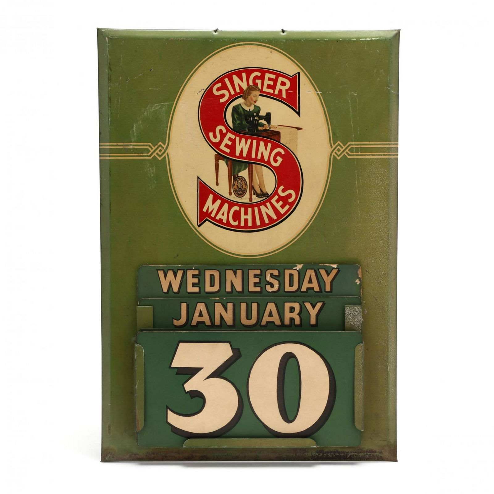 Singer Sewing Machine Vintage Perpetual Calendar: Singer Sewing Machine Vintage Perpetual Calendar1930s, tin litho on cardboard, complete set of days of the week and months, bright color. 19.25 x 13.25 in. From the Collection of Mary Wells, Greensbor