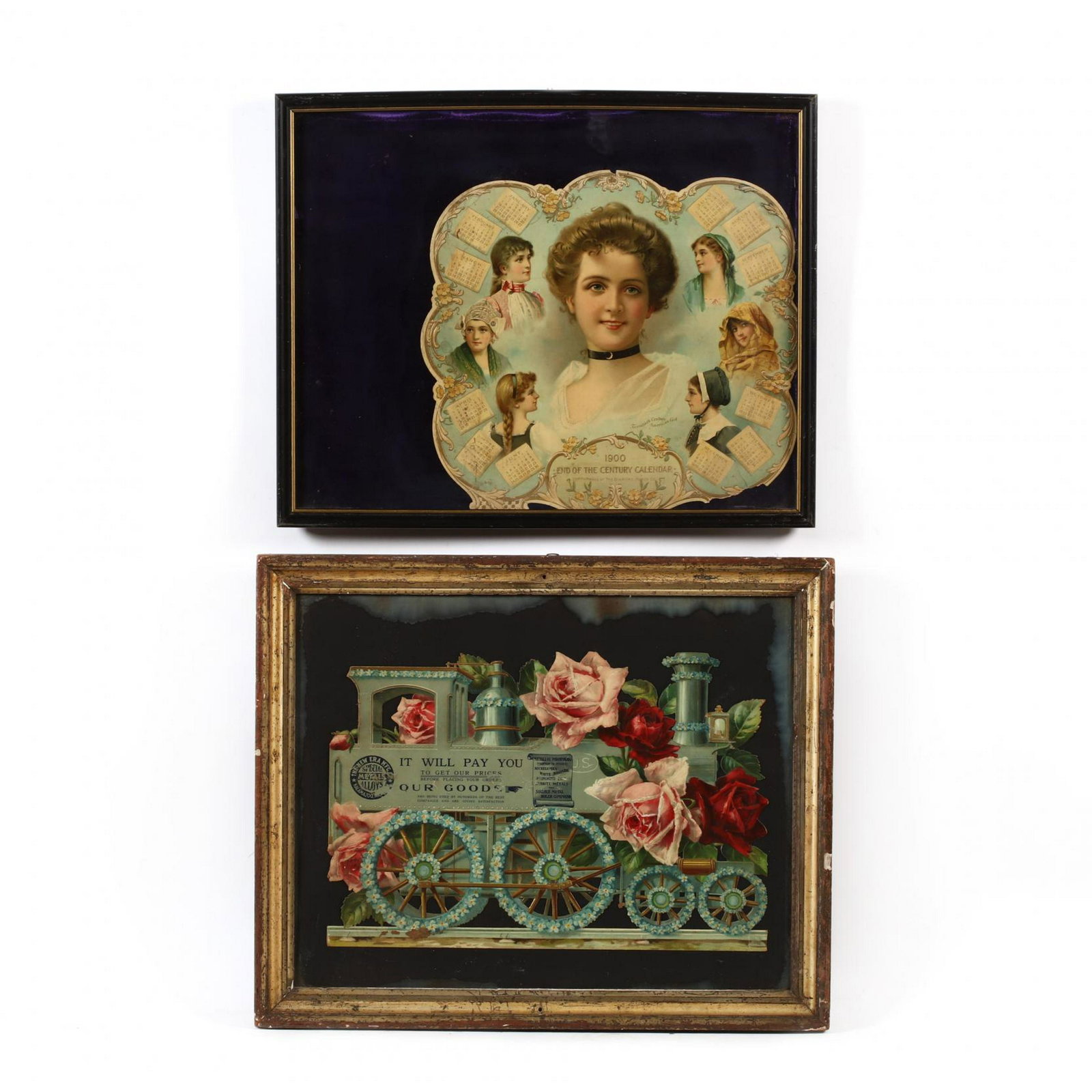 Two Victorian Die Cut Advertisements: Two Victorian Die Cut Advertisements chromolithographs, to include an "End of the Century Calendar, 1900" by the Diamond Match Company; to also include an advertisement for alloys, also circa 1900, bo