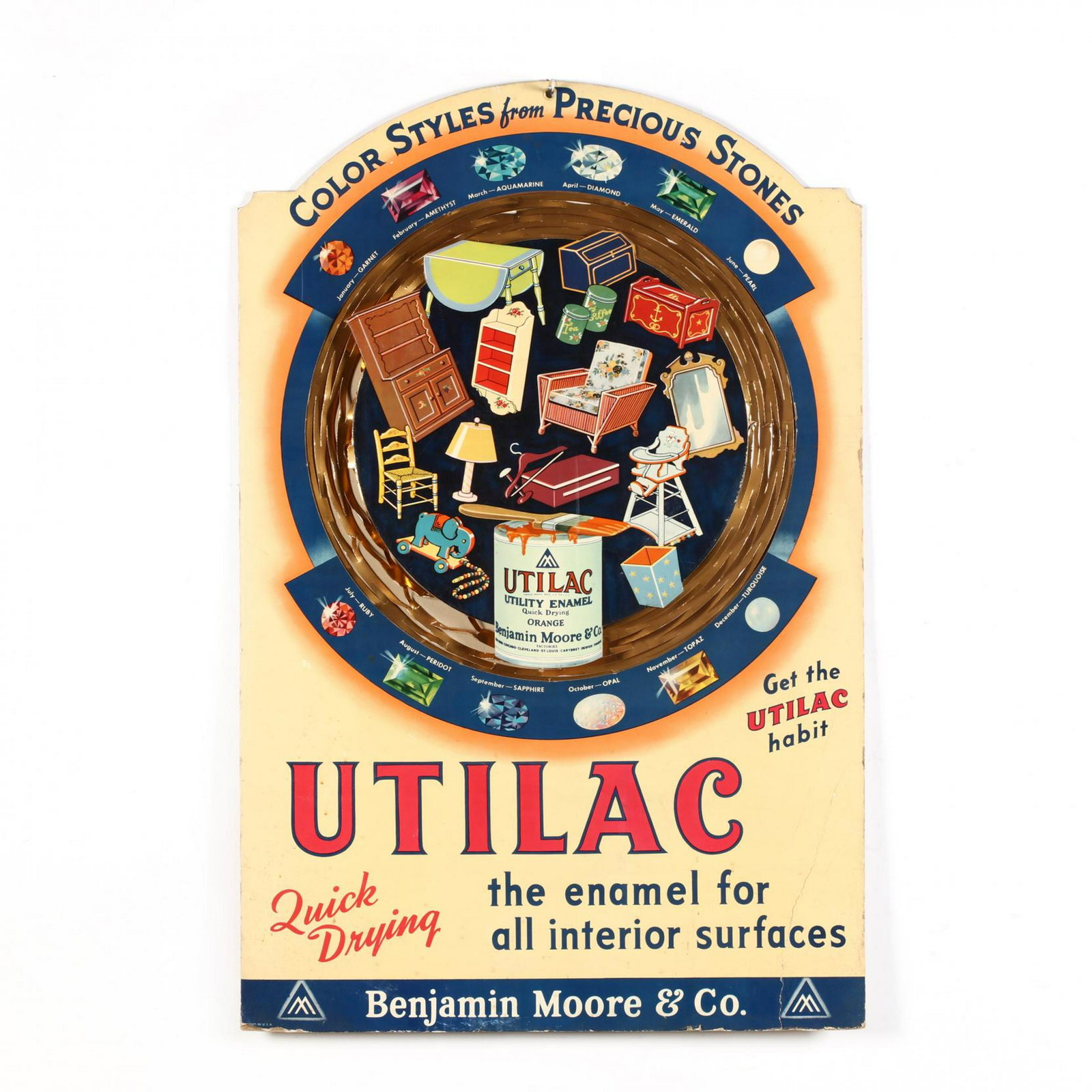 Utilac, Benjamin Moore Counter-Top Display: Utilac, Benjamin Moore Counter-Top Display circa 1950, print on board with three dimensional central panel advertising "color styles from precious stones", with rear hinged support. 35 x 23 in. From t