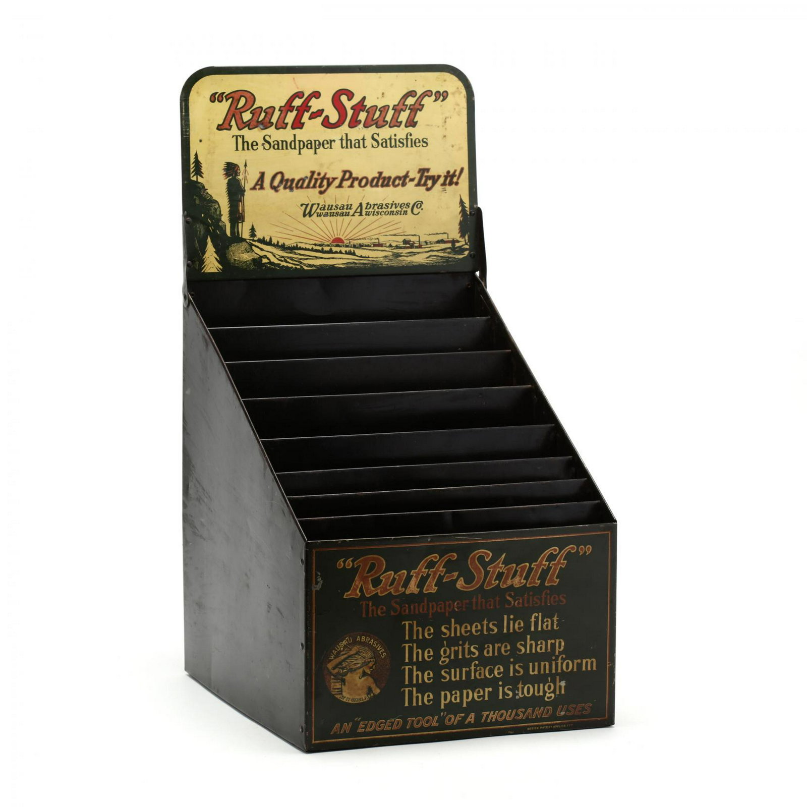 Vintage "Ruff-Stuff" Sandpaper Display Stand: Vintage "Ruff-Stuff" Sandpaper Display Stand circa 1900, tin stand with dividers, hinged upper panel with Wausau tribe advertisements, the case designed by The M. Metzger Co., Chicago. 23.5 x 12 x 14 