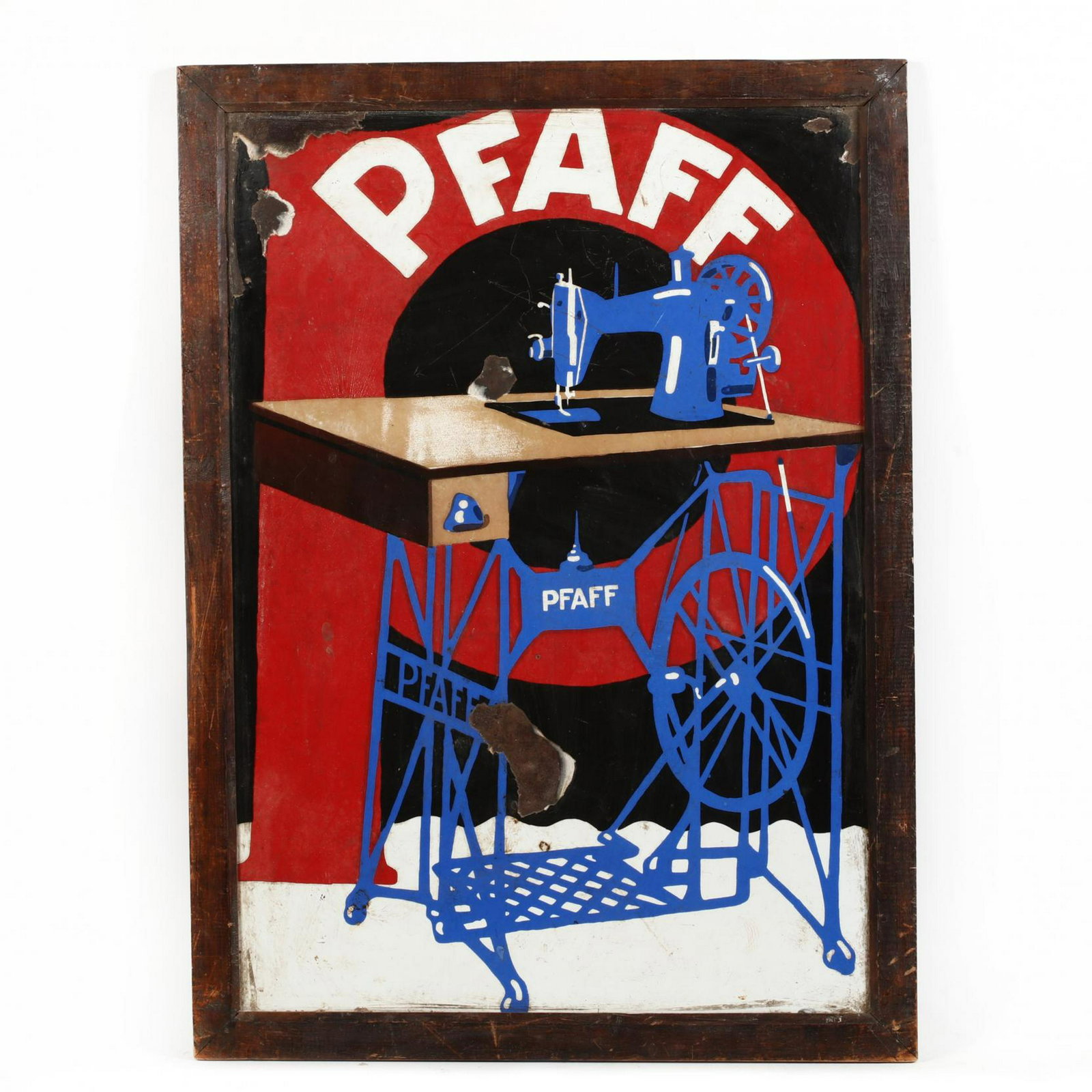 Pfaff, Enamel Sewing Machine Framed Sign: Pfaff, Enamel Sewing Machine Framed Sign early 20th century, enamel on iron, black enamel back, housed in a later pine frame. DOA 32 x 23.5 in. From the Collection of Mary Wells, Greensboro, North Car
