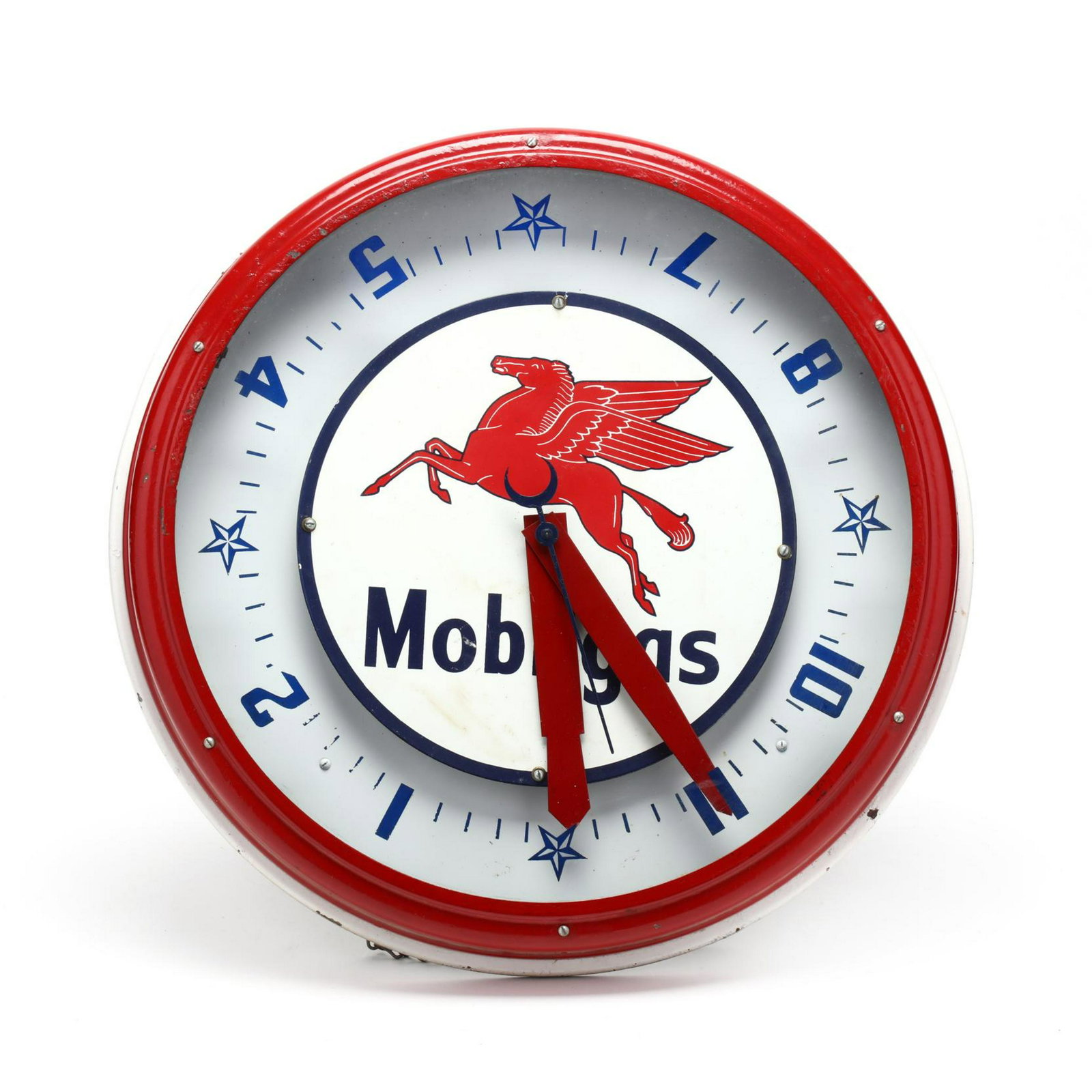 Vintage Mobilgas Wall Clock: Vintage Mobilgas Wall Clock mid 20th century, painted iron and glass with central advertising dial featuring pegasus, electric works. 21 in. diameter From the Collection of Mary Wells, Greensboro, Nor