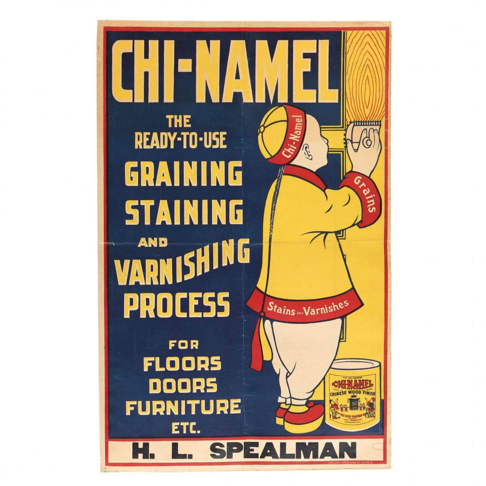 A Vintage Chi-Namel Advertisement Poster: A Vintage Chi-Namel Advertisement Poster lithographic poster in colors, mid 20th century, printed by the Cleveland-Akron Sign Company, Cleveland, Ohio, unframed. DOA 36 1/2 x 24 in. (doesn't account f