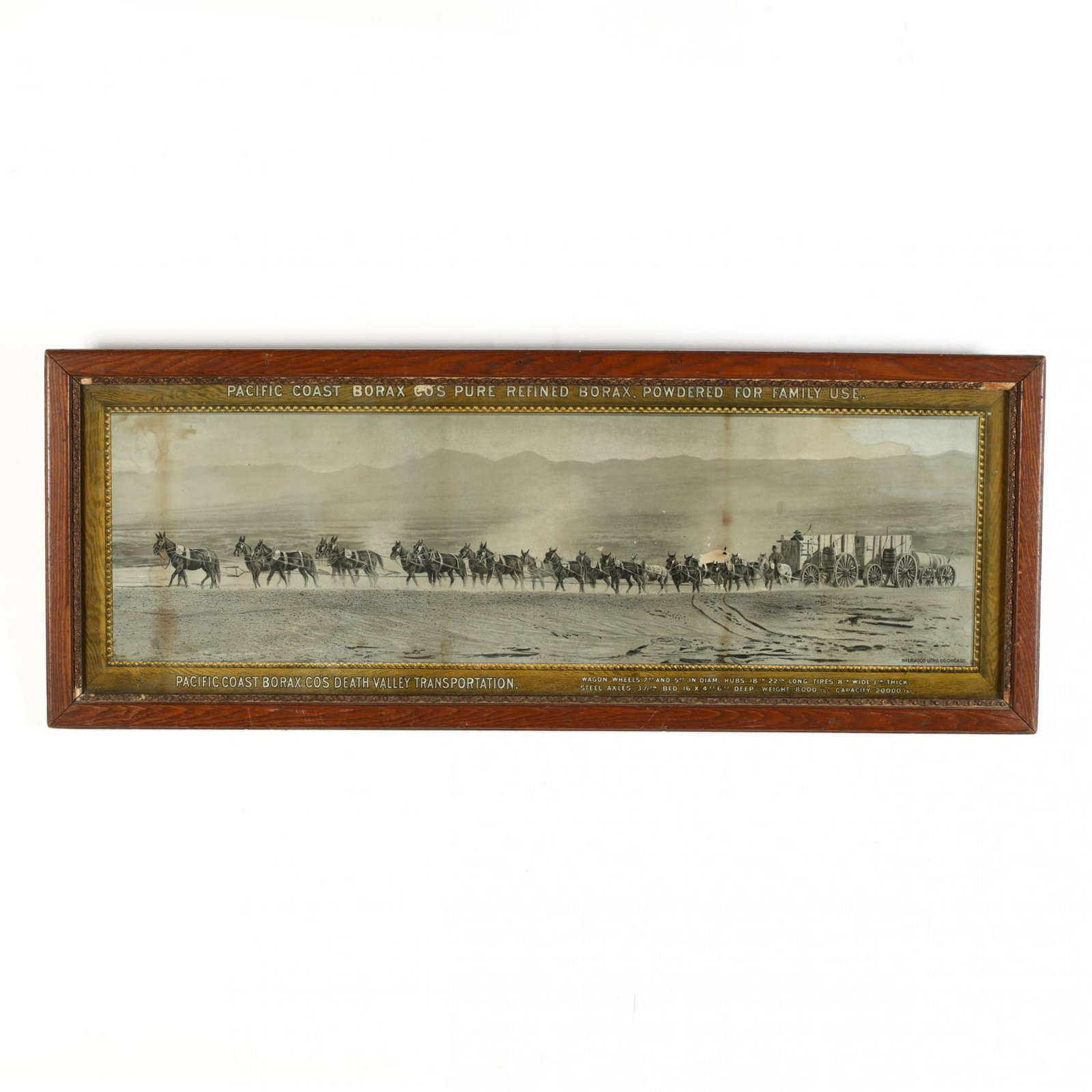 Antique Pacific Coast Borax Co. Framed Advertisement: Antique Pacific Coast Borax Co. Framed Advertisement circa 1890, by Sherwood Litho. Co., Chicago, the margins reading "Pacific Coast Borax Co's Pure Refined Borax, Powdered For Family Use." and "Pacif