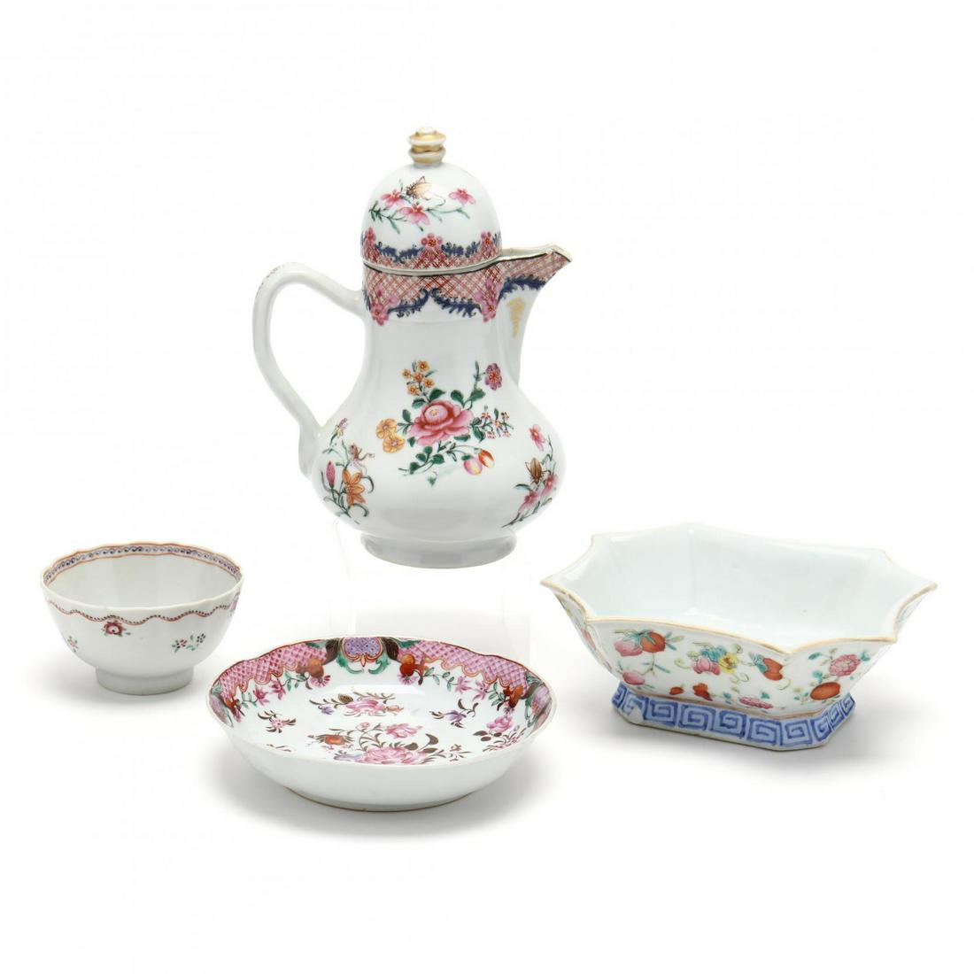 A Group of Chinese Porcelain: A Group of Chinese Porcelain 18th-19th century, Chinese export porcelain dish, small tea cup (a few minor nicks to rim), covered teapot (chip to foot; chips with repair to spout), footed bowl with sta