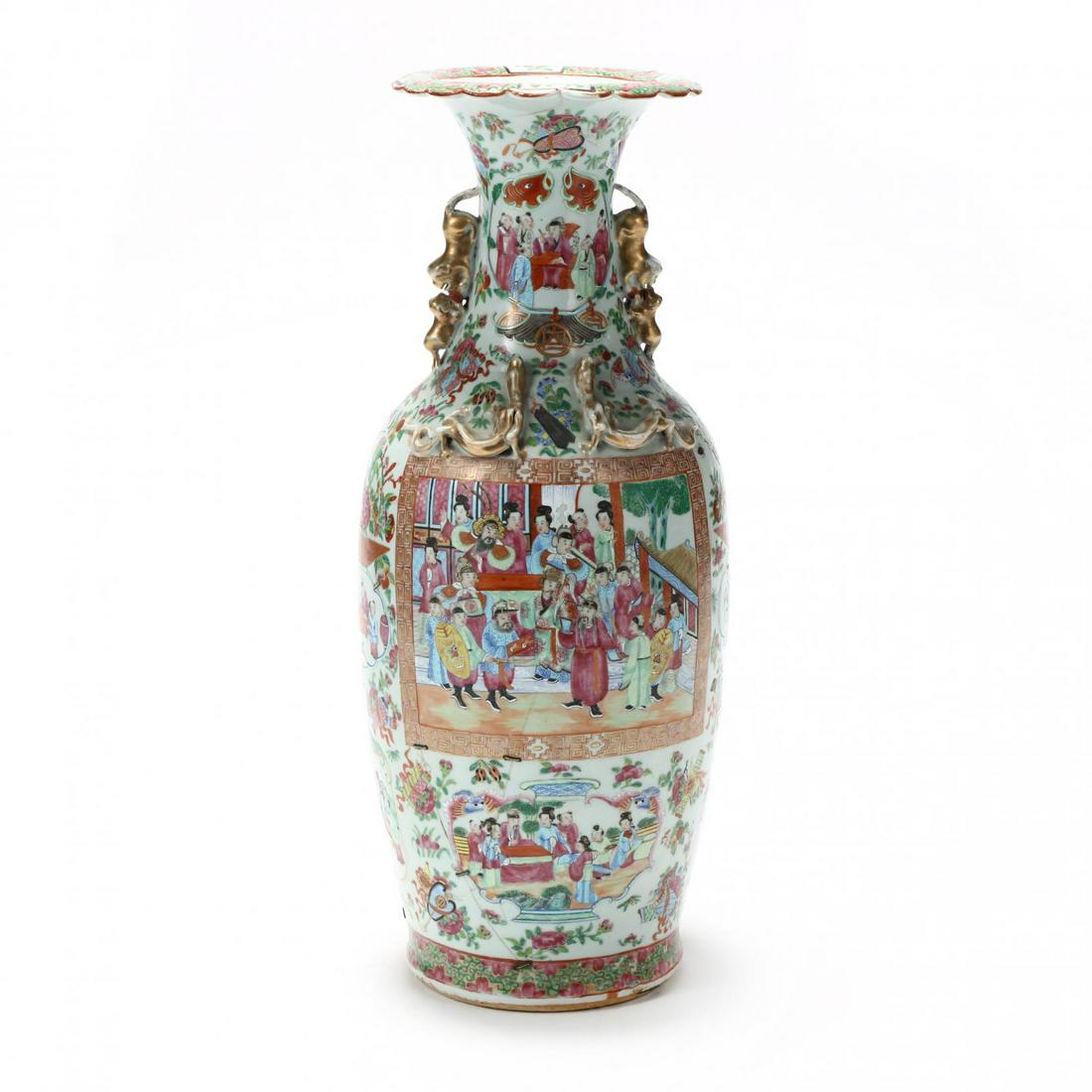 A Chinese Export Porcelain Rose Mandarin Floor Vase: A Chinese Export Porcelain Rose Mandarin Floor Vase 19th century, very finely hand painted with shaped medallions containing groups of Chinese noble figures, around the outside are Buddhist Treasures,