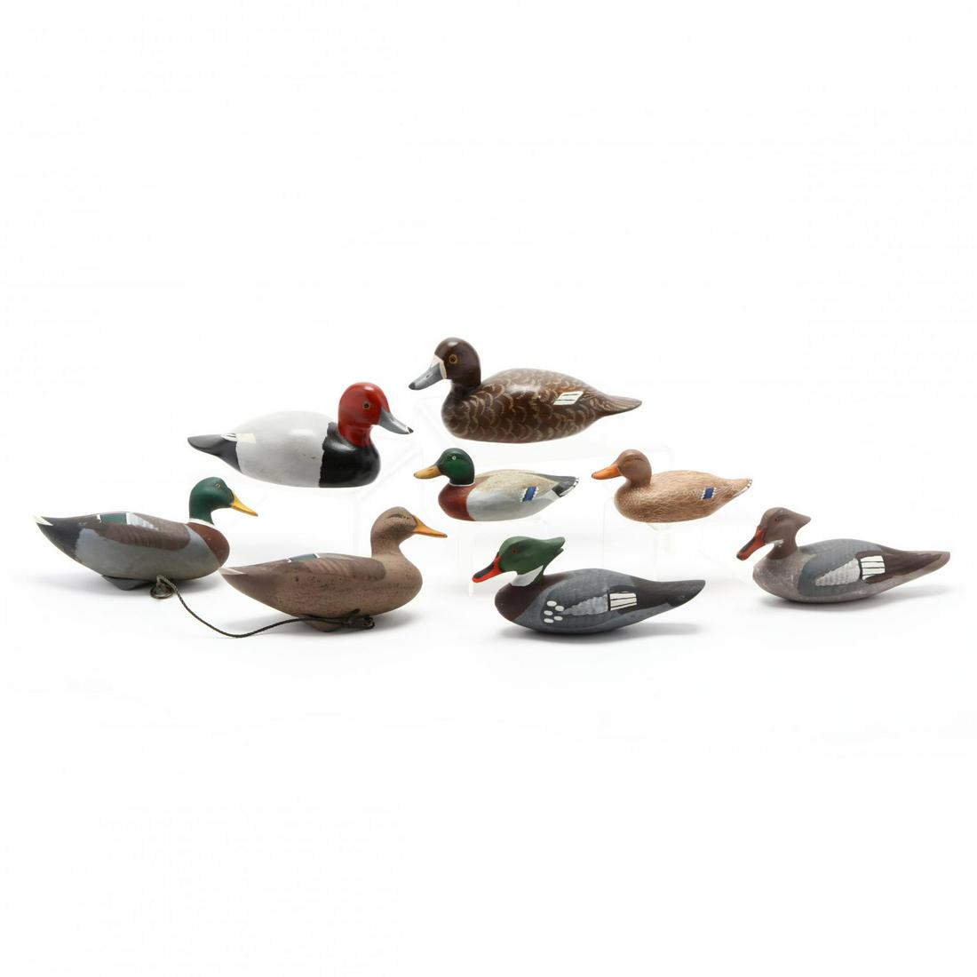 Four Pairs of Small Duck Decoys: Four Pairs of Small Duck Decoysincluding Bob Jobs, 1986, carved and painted wood Mallard pair with weights; a 1987 pair by Mickey McMullen in carved and painted wood; a pair of Red Headed ducks by Her