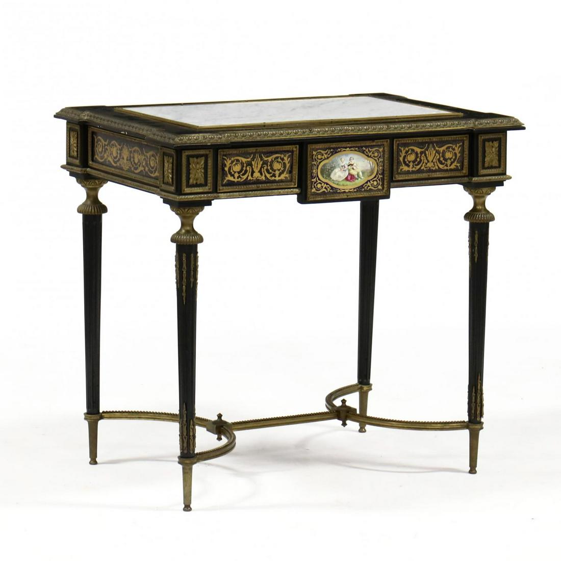 Antique Louis XVI Style Sevres Porcelain Mounted Marble: Antique Louis XVI Style Sevres Porcelain Mounted Marble Top Table late 19th century, ebonized wood, ormolu mounts, shaped rectangular top with inset marble, skirt decorated with five porcelain tiles t