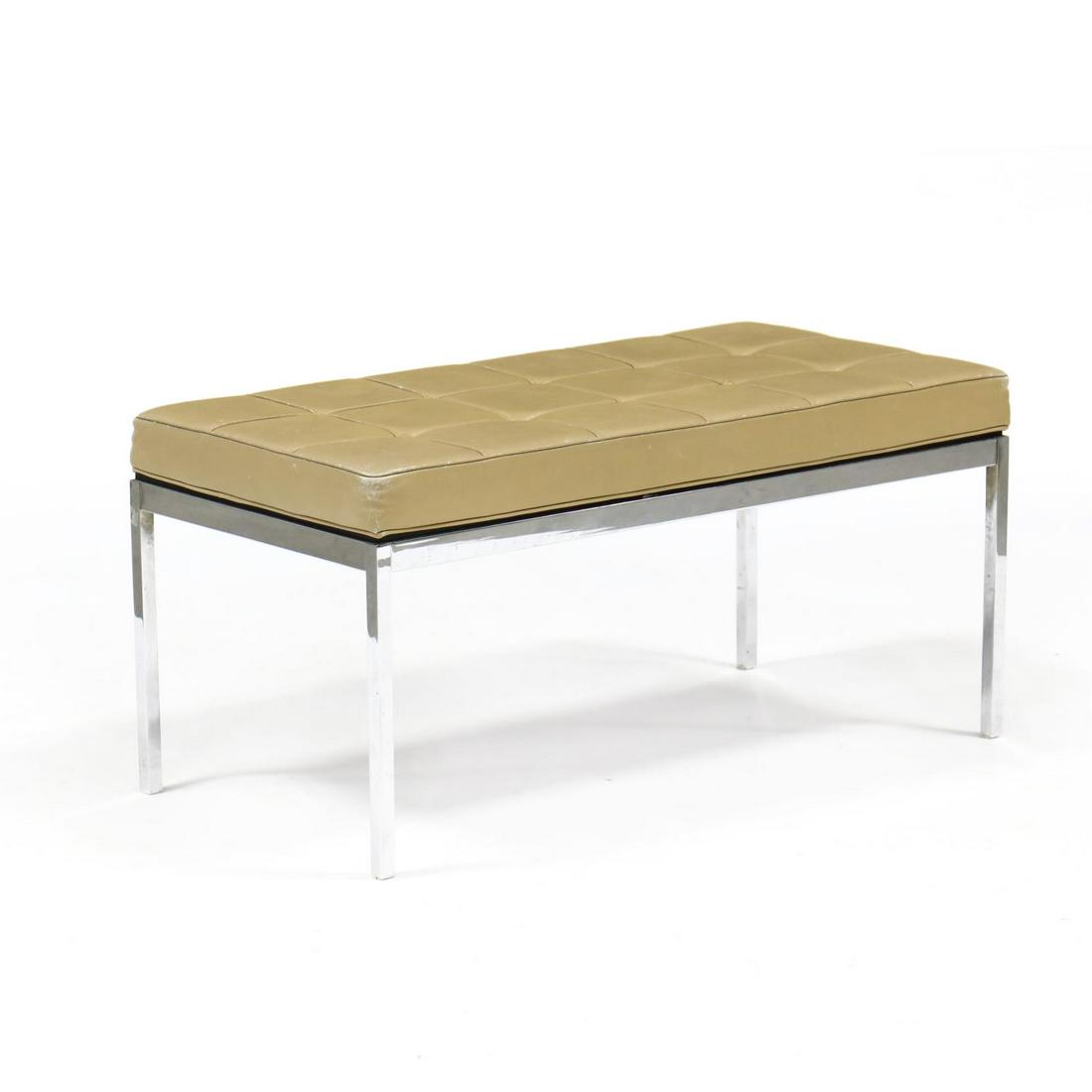 Florence Knoll, Leather and Chrome Bench: Florence Knoll, Leather and Chrome Bench New York, 1971, tan leather upholstery and chrome plates steel base, labeled. 17 x 36 x 18.25 in. Private Collection, Abingdon, Virginia Additional high-resolu