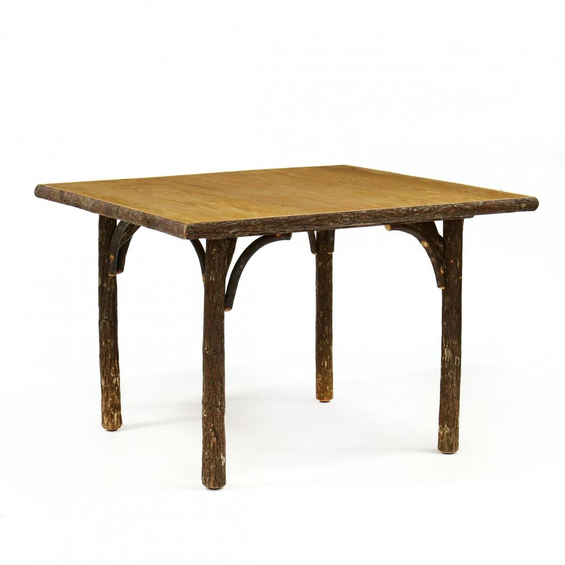 Adirondack Style Dining Table: Adirondack Style Dining Table late 20th century, square oak top with hickory bark edge, raised on hickory legs, with bentwood returns. 30 x 43 x 43 in. Private consignment, Charlotte, North Carolina A