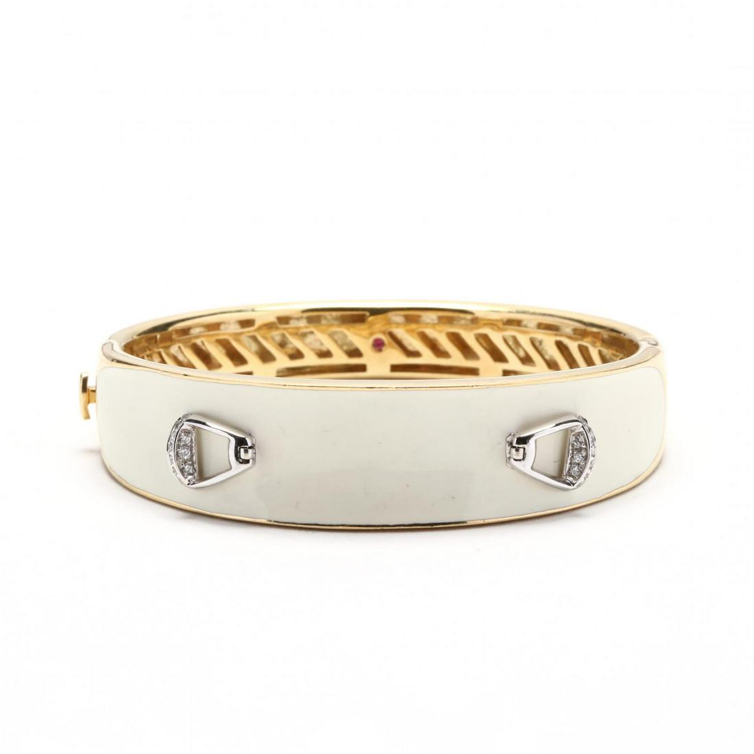 18KT Gold, Enamel, and Diamond Bracelet, Roberto Coin: 18KT Gold, Enamel, and Diamond Bracelet, Roberto Coinfrom the "Cheval" collection, in a hinged and tapered bangle form, the concave top with soft white enamel detailing and suspending two white gold h