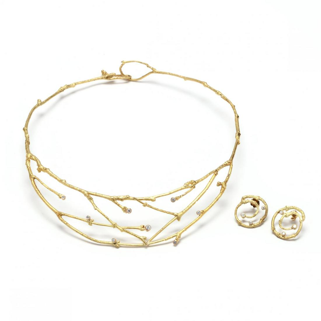 18KT Gold and Diamond Naturalistic Suite, Sam Shaw: 18KT Gold and Diamond Naturalistic Suite, Sam Shawfrom "The Twig" collection, the hinged necklace with bezel set round brilliant cut diamonds weighing approximately .35 total carat (F-G color, VS clar