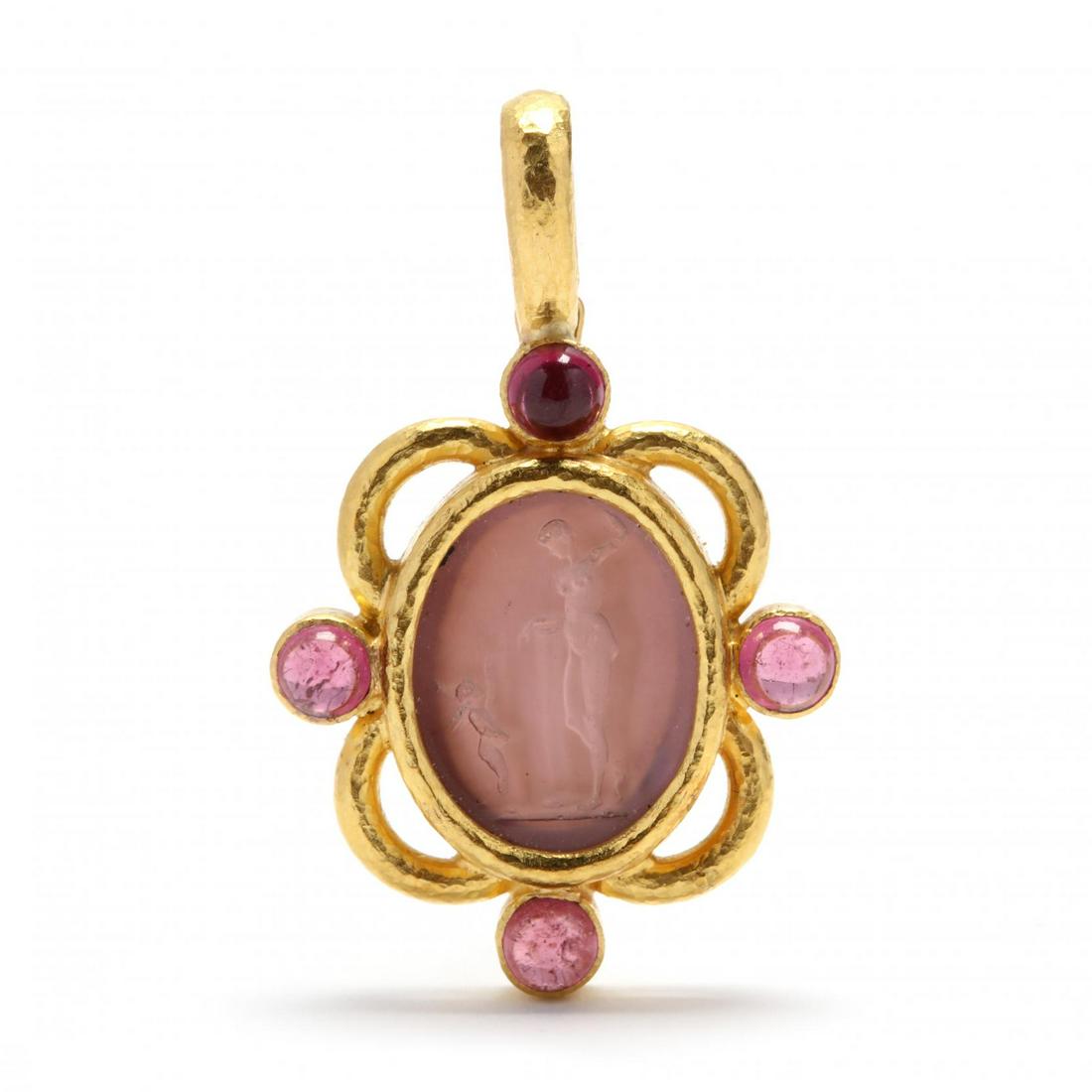 19KT Gold Venetian Glass Intaglio and Gemstone Pendant,: 19KT Gold Venetian Glass Intaglio and Gemstone Pendant, Elizabeth Locke designed in hand-hammered yellow gold with a bezel set carved, purple Venetian glass intaglio depicting a putto and Classical ma