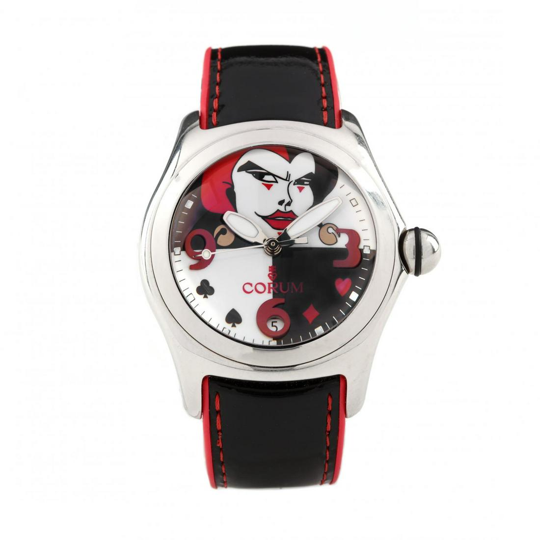 Gent's Stainless Steel Limited Edition "Bubble Joker": Gent's Stainless Steel Limited Edition "Bubble Joker" Watch, Corumautomatic, the stainless steel case with "bubble" crystal, the black and white dial with joker's face, Arabic and card suite hour mark