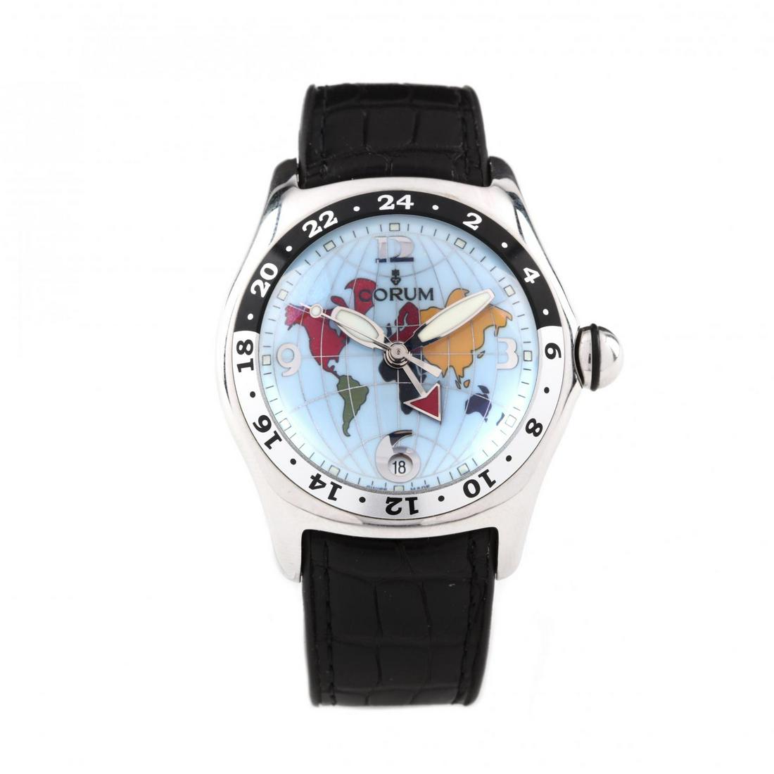 Gent's Stainless Steel "Bubble GMT World Dial" Watch,: Gent's Stainless Steel "Bubble GMT World Dial" Watch, Corumautomatic, the round stainless steel case with stainless steel and black GMT scale, with "bubble" crystal, the blue dial with colorful world