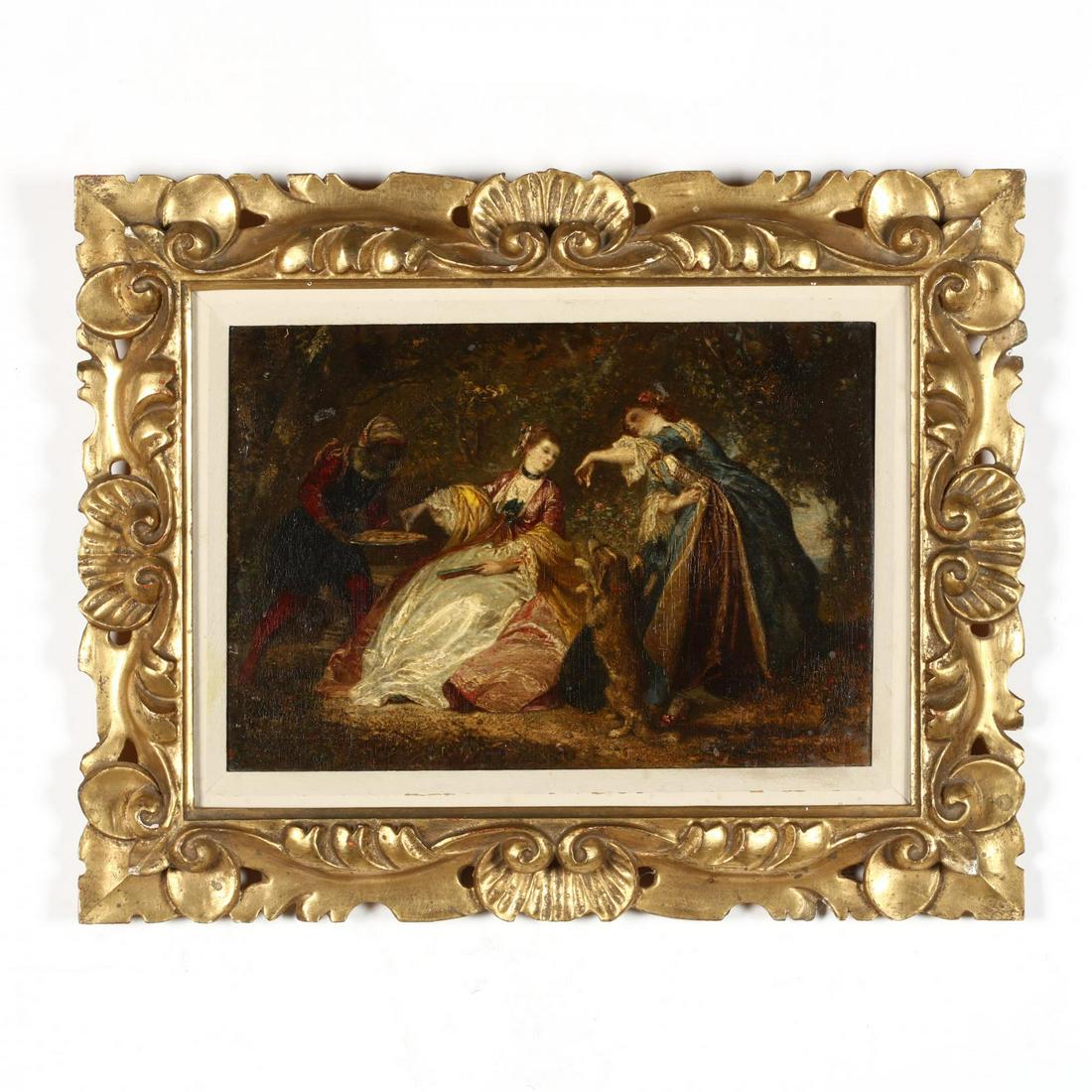 Henri Charles Antoine Baron (French, 1816-1885), Garden: Henri Charles Antoine Baron (French, 1816-1885), Garden Scene with Figures and Dogoil on panel, signed at lower right, presented in a later gilt frame. DOA 15 x 18.75 in. Additional high-resolution p