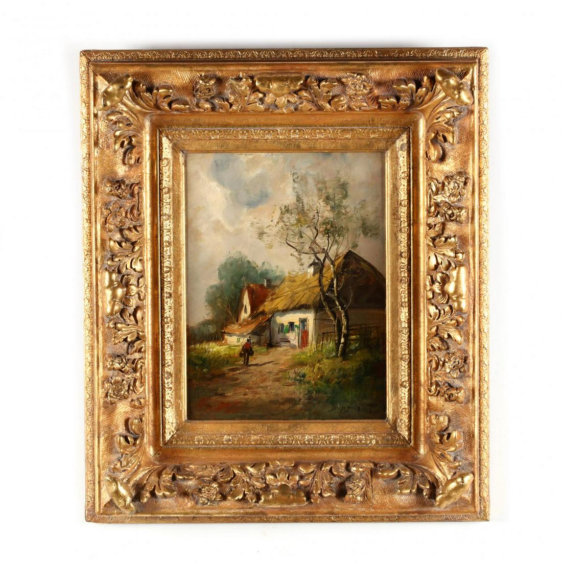 An Antique Continental School Painting of a Cottage: An Antique Continental School Painting of a Cottage oil on panel, illegible signature at lower right, 19th century, presented in an antique period gilt composition frame. DOA 22 x 18.75 in. Additional