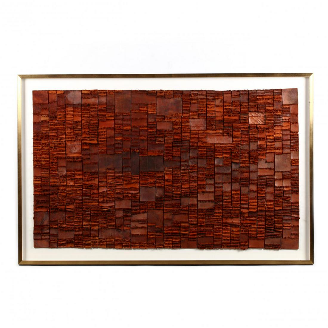 J. Schweizer (French, 20th Century), Untitled: J. Schweizer (French, 20th Century), Untitleda collage of leather patches, signed lower left, mounted on linen backing with gold frame. DOA 42.25 x 65.5 in. Additional high-resolution photos are avai
