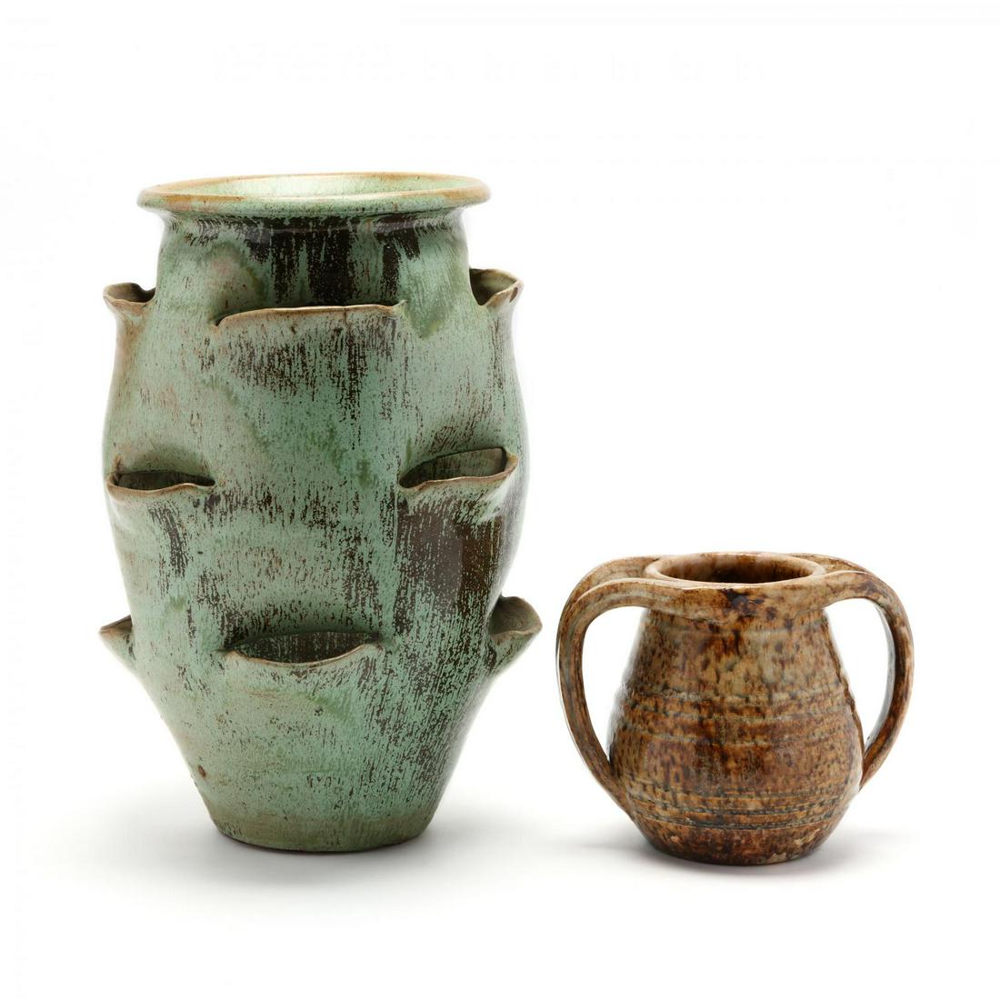 NC Art Pottery, A.R. Cole Strawberry Planter: NC Art Pottery, A.R. Cole Strawberry Planter attributed to Waymon Cole, 1950s, rutile glaze, drain hole to the base; the second piece is a double handled mottled glaze medicine jar, both uinsigned. Pl