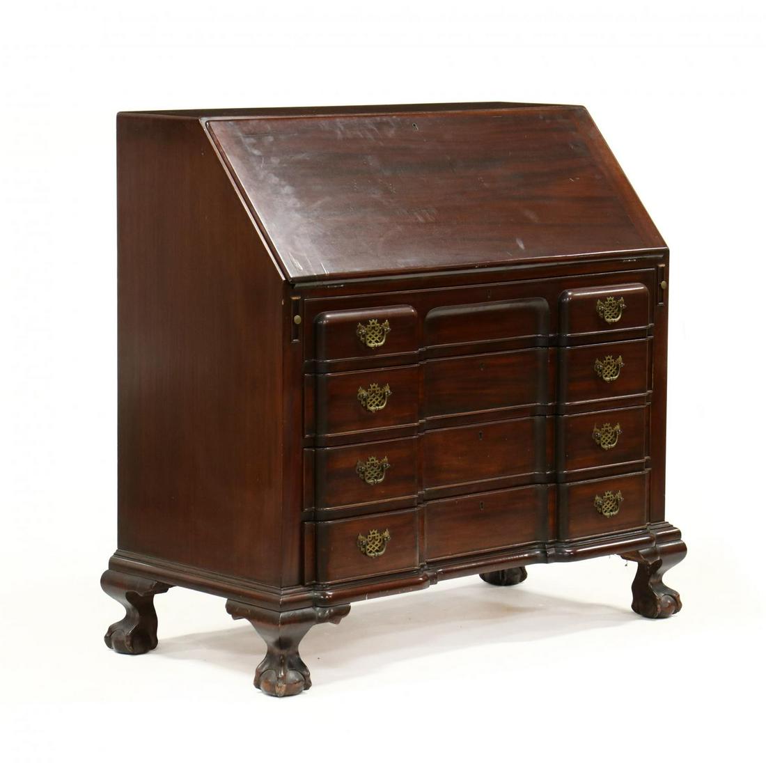 American Chippendale Style Block Front Secretary: American Chippendale Style Block Front Secretary early 20th century, Boston, slant lid opens to reveal a well developed interior with carved prospect door, cornice drawers, document drawers and stacke