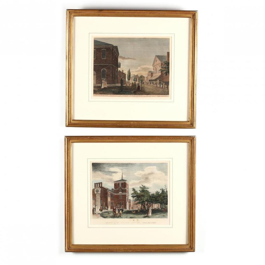 Two Antique Birch, William and Son Engravings of: Two Antique Birch, William and Son Engravings of Philadelphia hand-colored engravings, circa 1799-1800, images to include Congress Hall and New Theater, in Chestnut Street, Philadelphia and Back of th