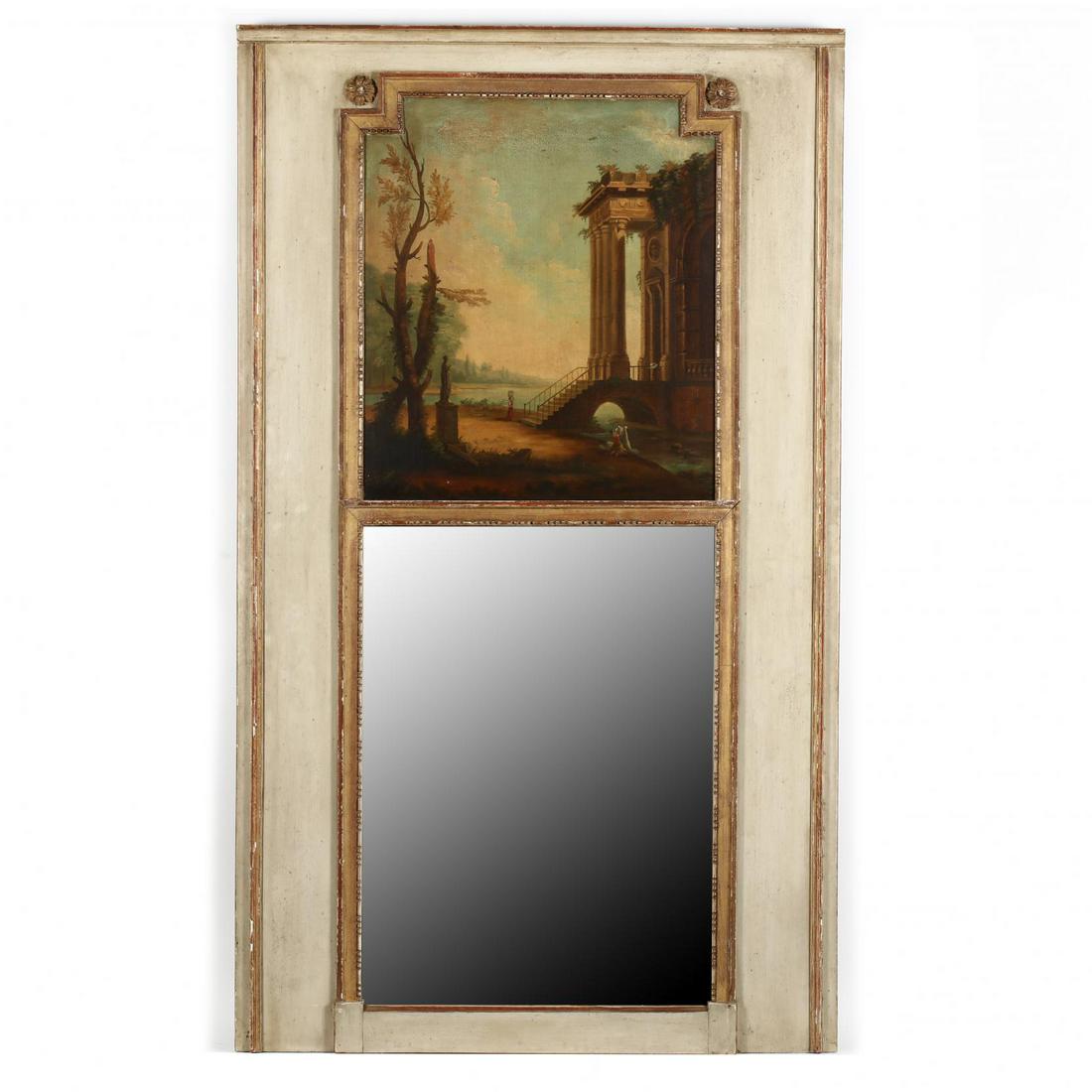 Antique Large French Trumeau Mirror: Antique Large French Trumeau Mirror 19th century frame, later antiqued painted surface featuring beaded trim, with later oil on board classical landscape, over a rectangular mirror, verso with old lab