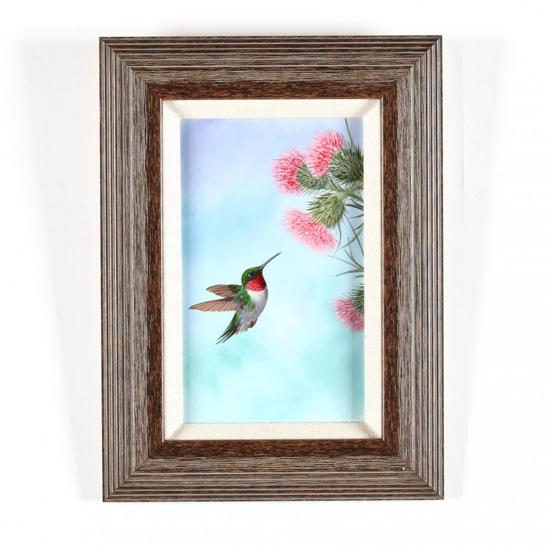 Bob Henley (VA, b. 1941), Hummingbird in Flight: Bob Henley (VA, b. 1941), Hummingbird in Flight oil on panel, signed at lower right, presented in a weathered wooden frame with linen liner. DOA 13.75 x 10.25 in. From the Estate of Neva S. Bishop, Wa