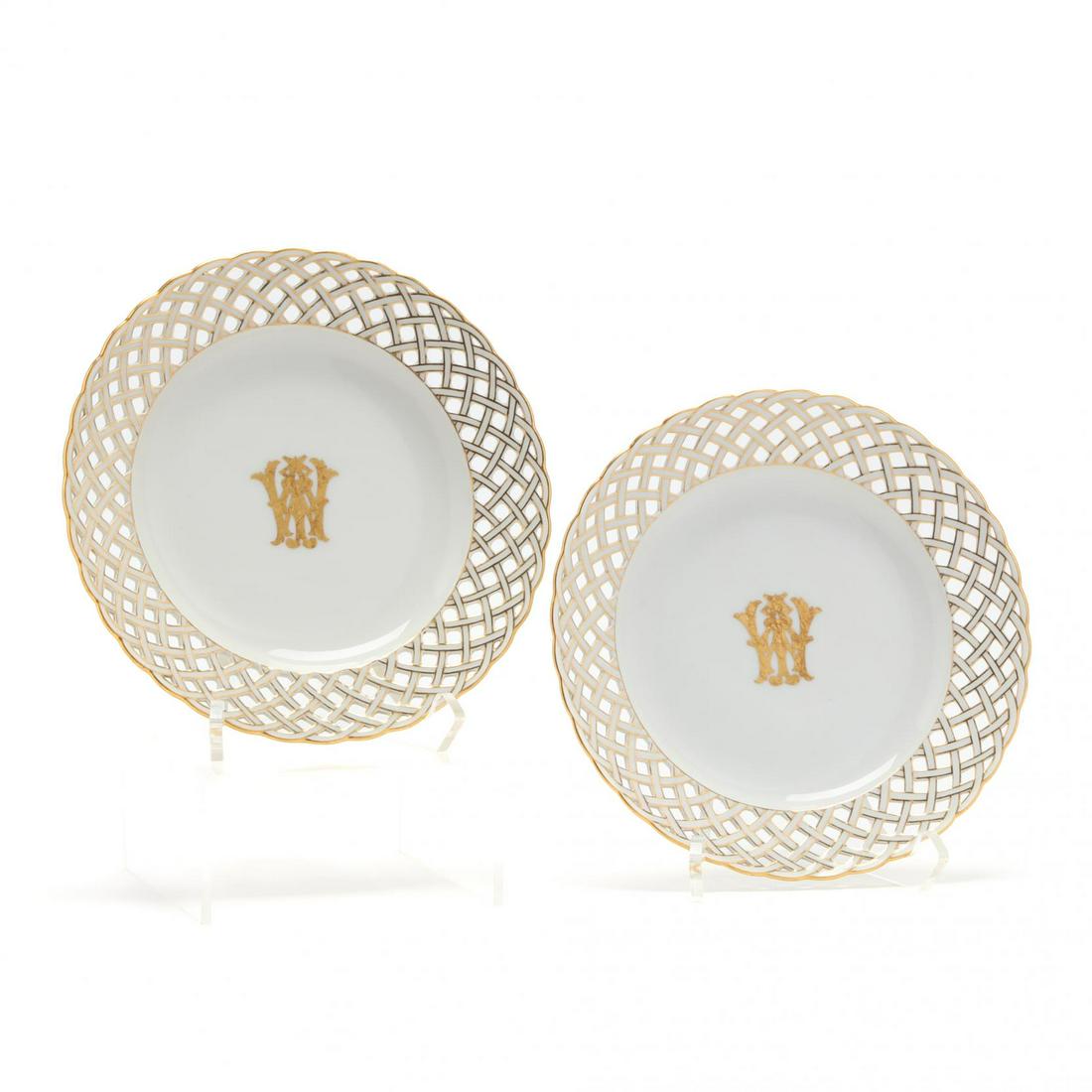 Pair of KPM Porcelain Cabinet Plates: Pair of KPM Porcelain Cabinet Platescirca 1900, basketweave reticulated rims, gilt monogram and highlights, marked. 8.5 in. Additional high-resolution photos are available at LelandLittle.com
